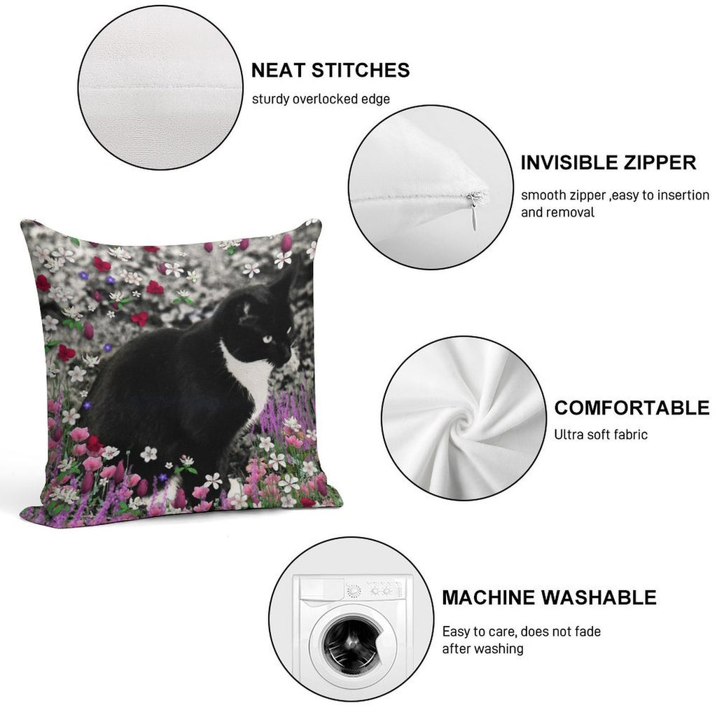 Freckles in Flowers II - Tuxedo Cat Soft Short Plush Fabric Throw Pillow
