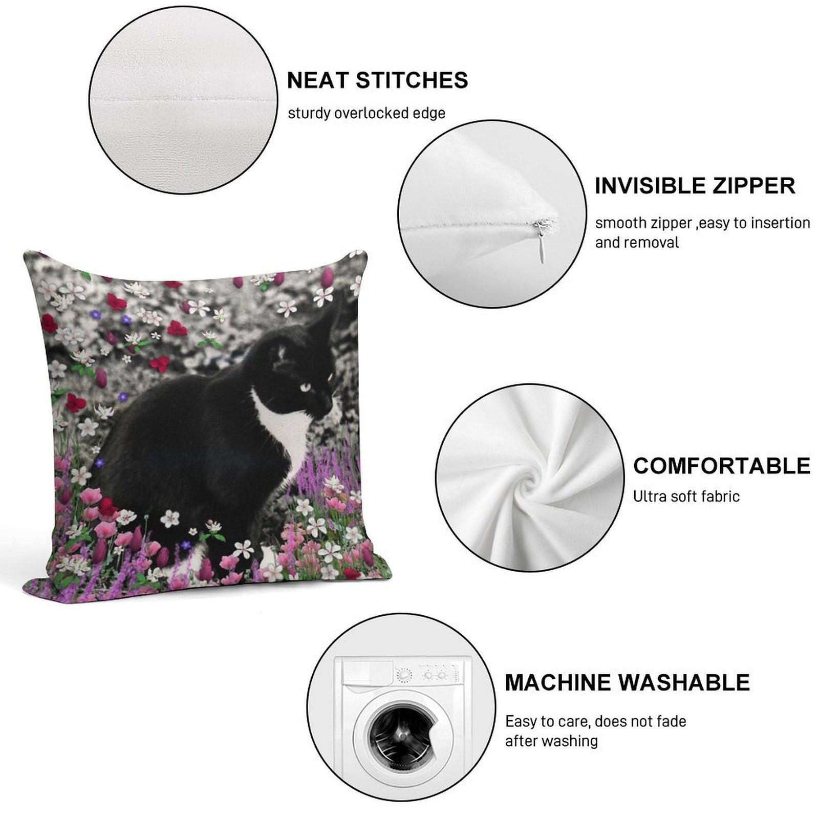 Freckles in Flowers II - Tuxedo Cat Soft Short Plush Fabric Throw Pillow