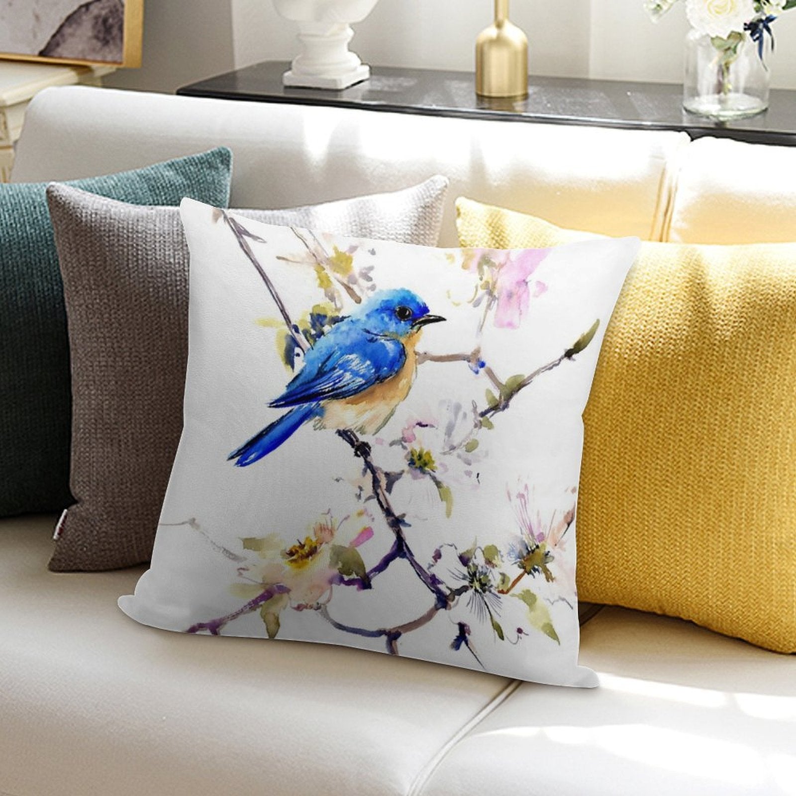 Bluebird And Dogwood Soft Durable Construction Throw Pillow