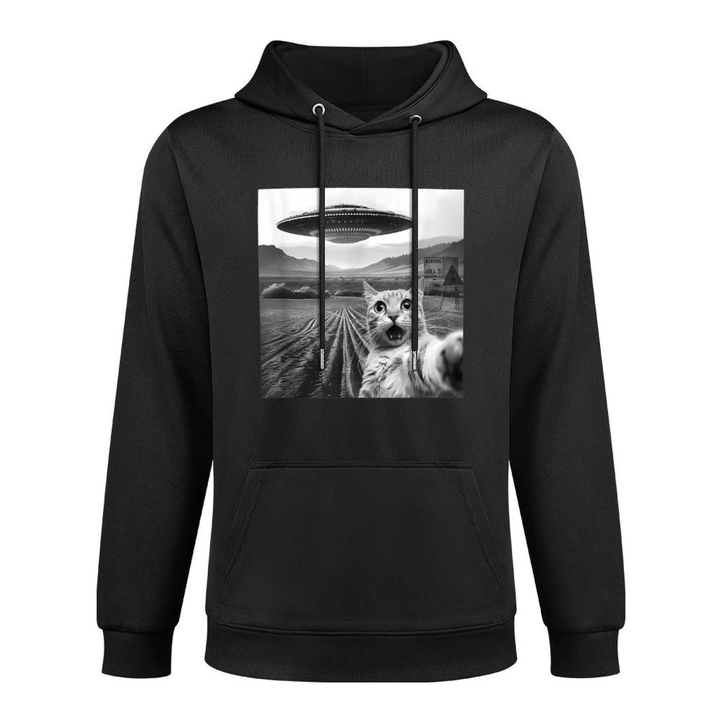 Funny Area 51 UFO Cat Selfie with Alien Cat UFOs Meme Weird Machine Washable Hoodie
