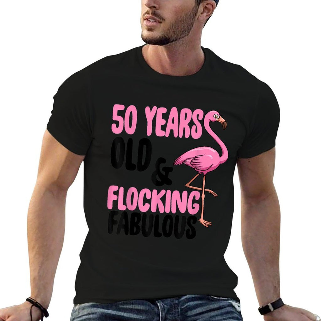 Flocking Fabulous 50th Birthday Funny Pink Flamingo  Tagless Design T-Shirt