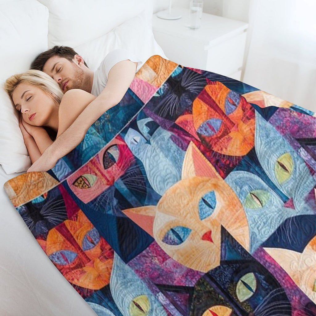 Feline Fiesta Vibrant Quilt Like Design Tee Versatility Throw Blanket