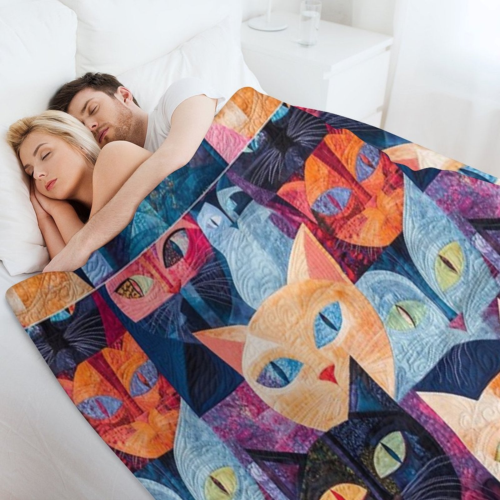Feline Fiesta Vibrant Quilt Like Design Tee Versatility Throw Blanket