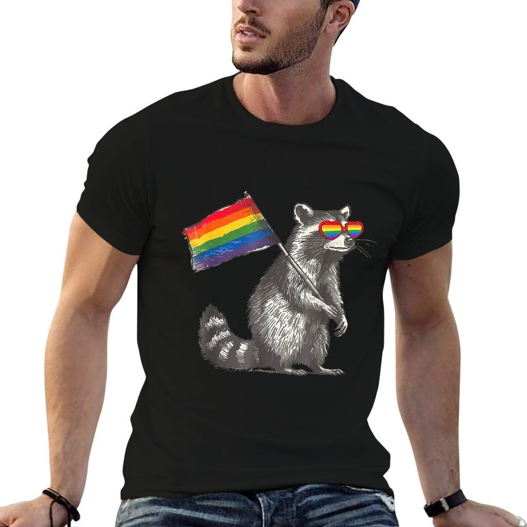 Raccoon LGBT Sunglasses Rainbow Gay Pride Month  Wrinkle-resistant T-Shirt