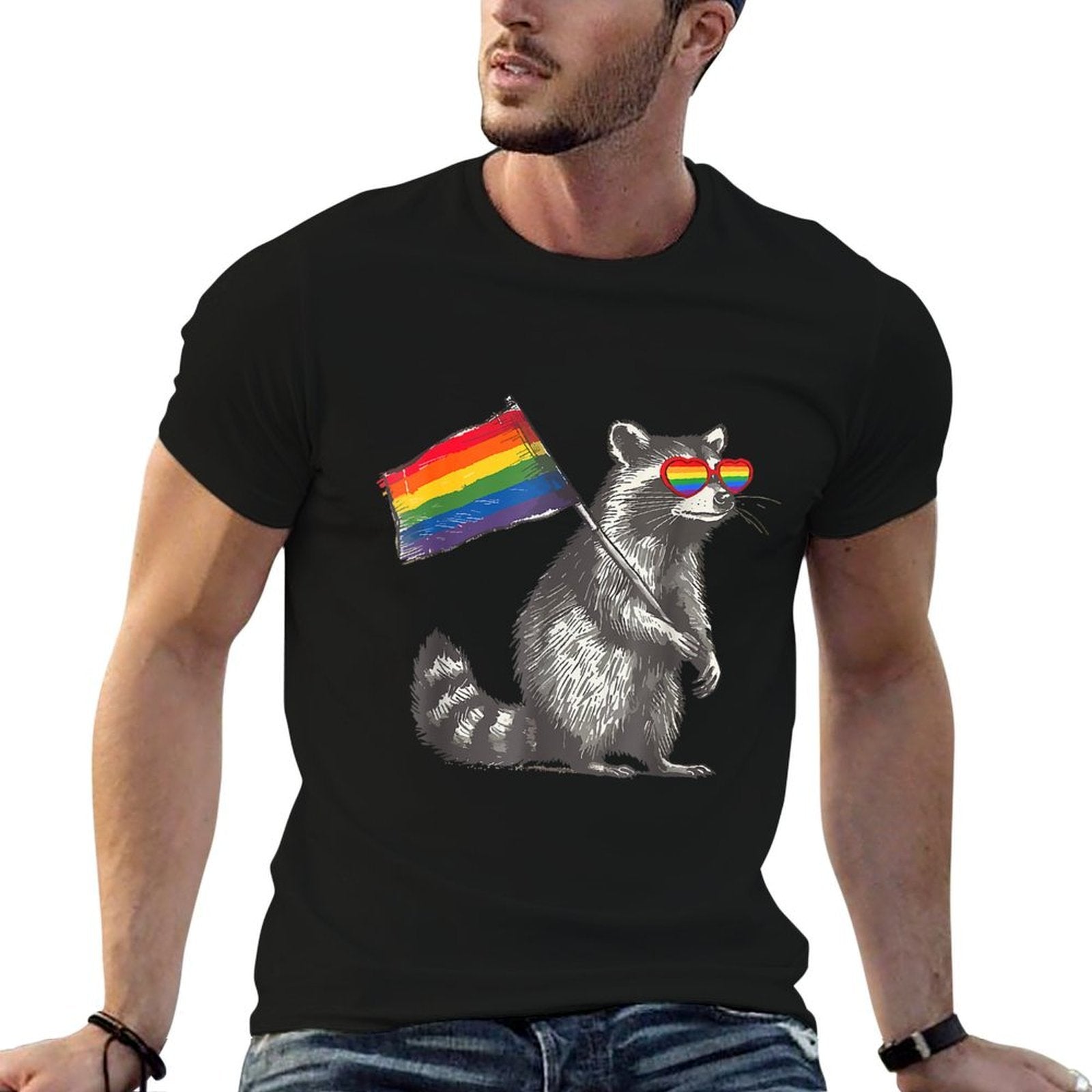Raccoon LGBT Sunglasses Rainbow Gay Pride Month  Wrinkle-resistant T-Shirt