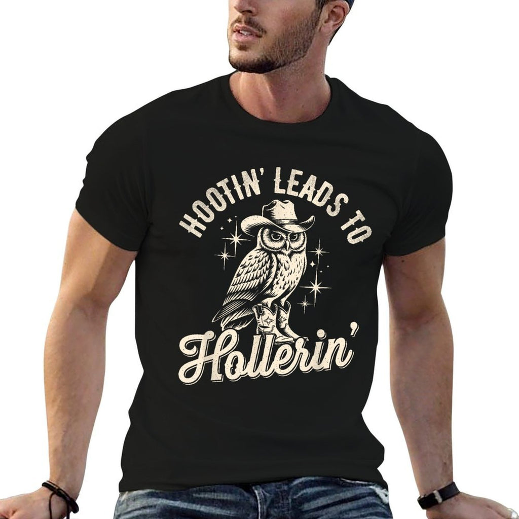 Hootin Leads To Hollerin Western Funny Cowboy Owl  Summer-ready Fabric T-Shirt