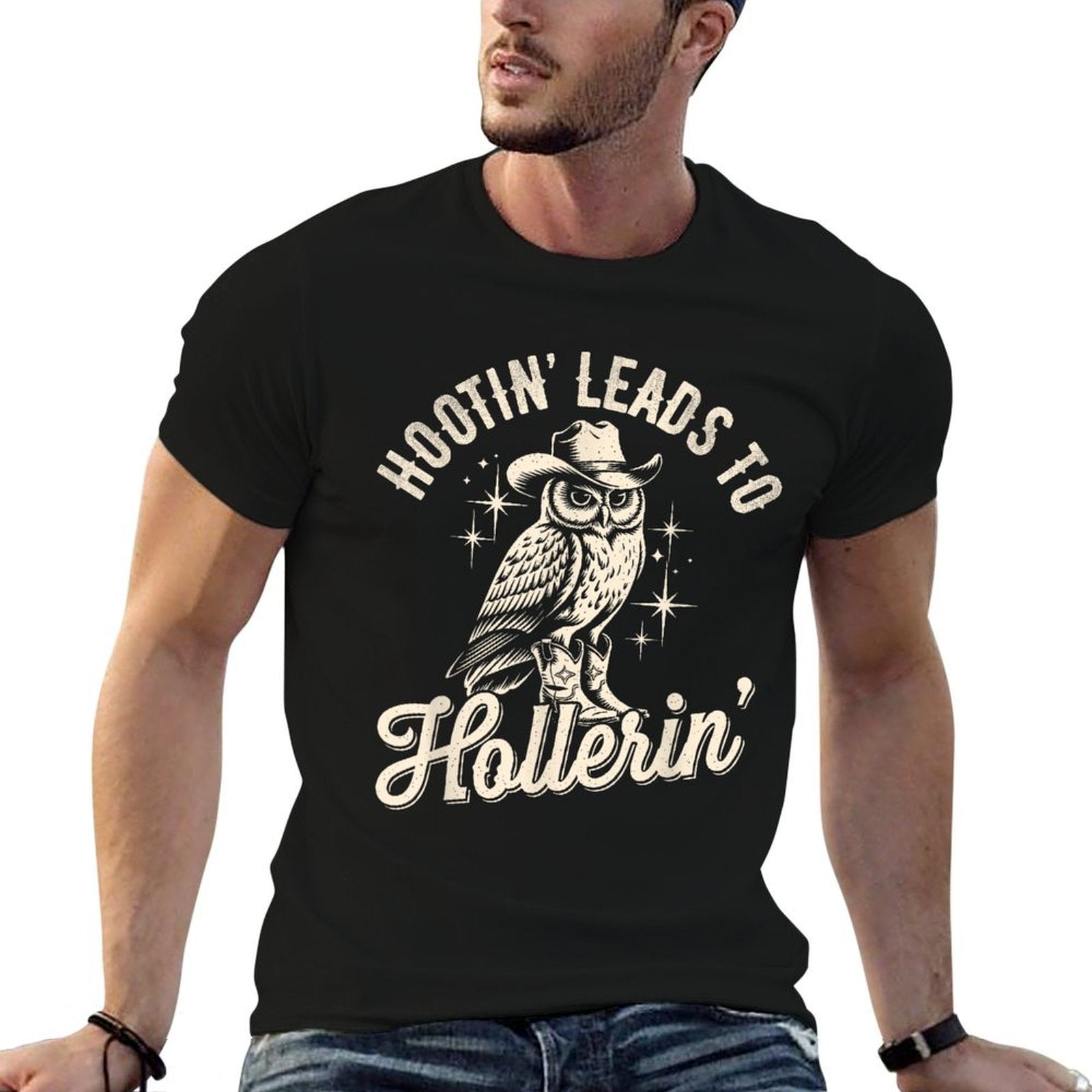 Hootin Leads To Hollerin Western Funny Cowboy Owl  Summer-ready Fabric T-Shirt