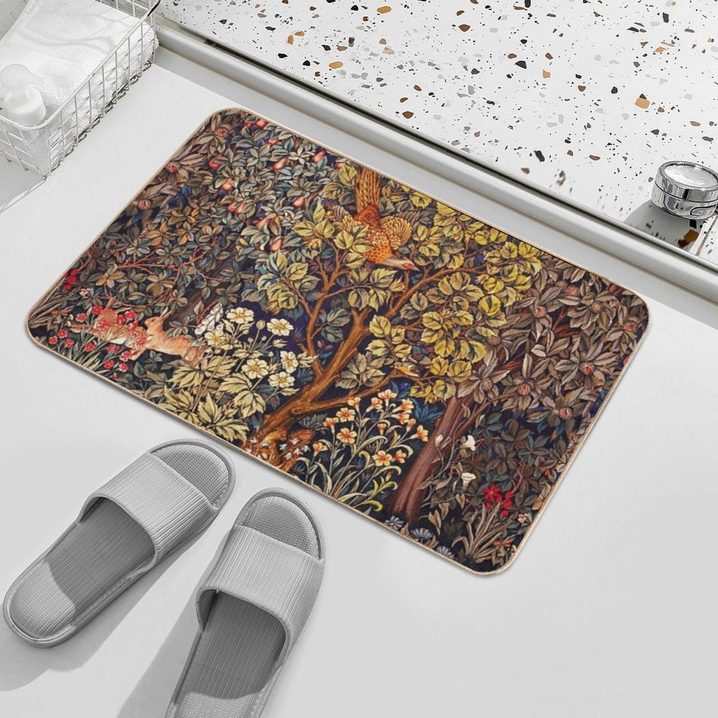 GREENERY,FOREST ANIMALS Pheasant on Autumn Tree,Squirrel,Hares,Red Yellow Floral Tapestry  Non-Slip Bath Mat