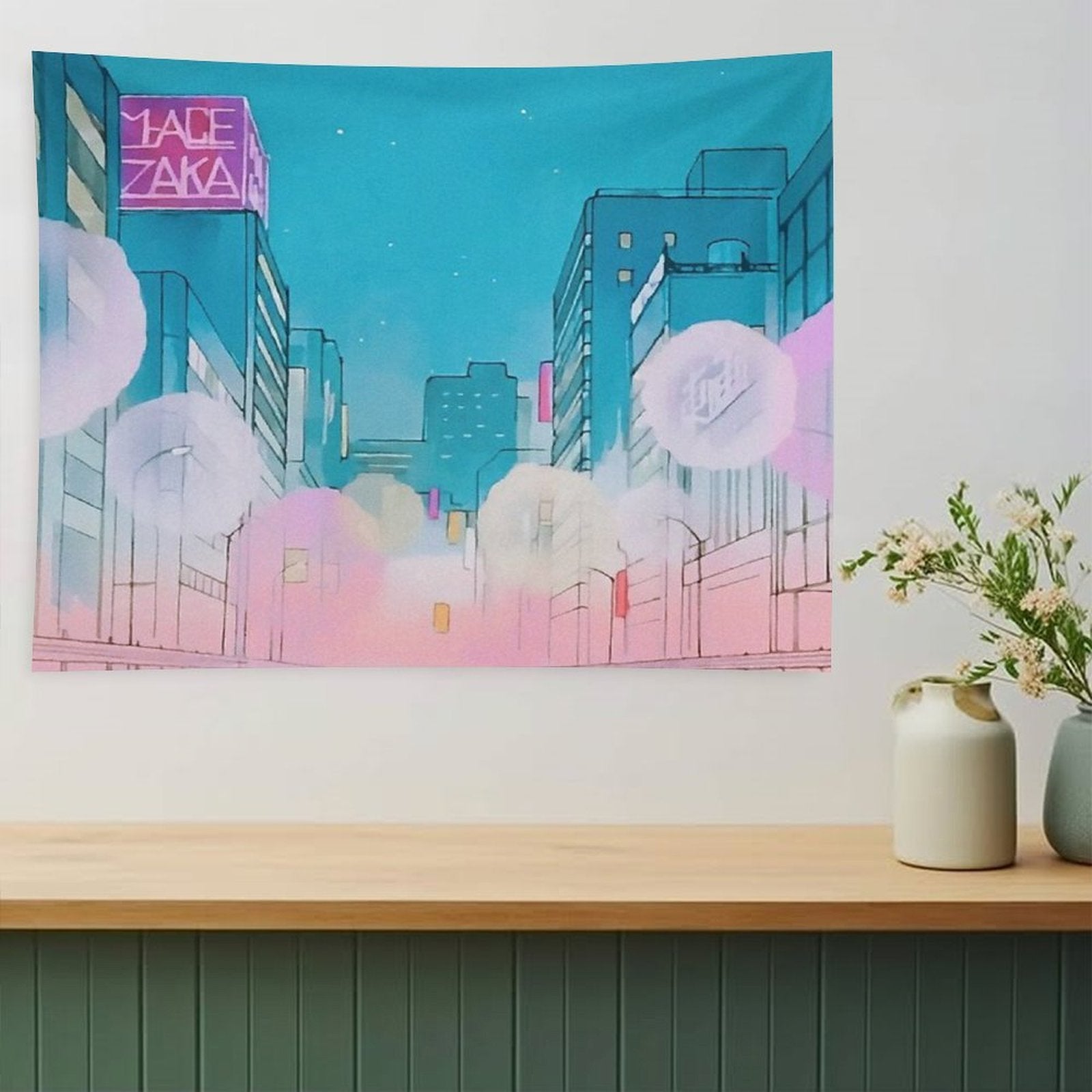 Vintage Anime City Background Tapestry