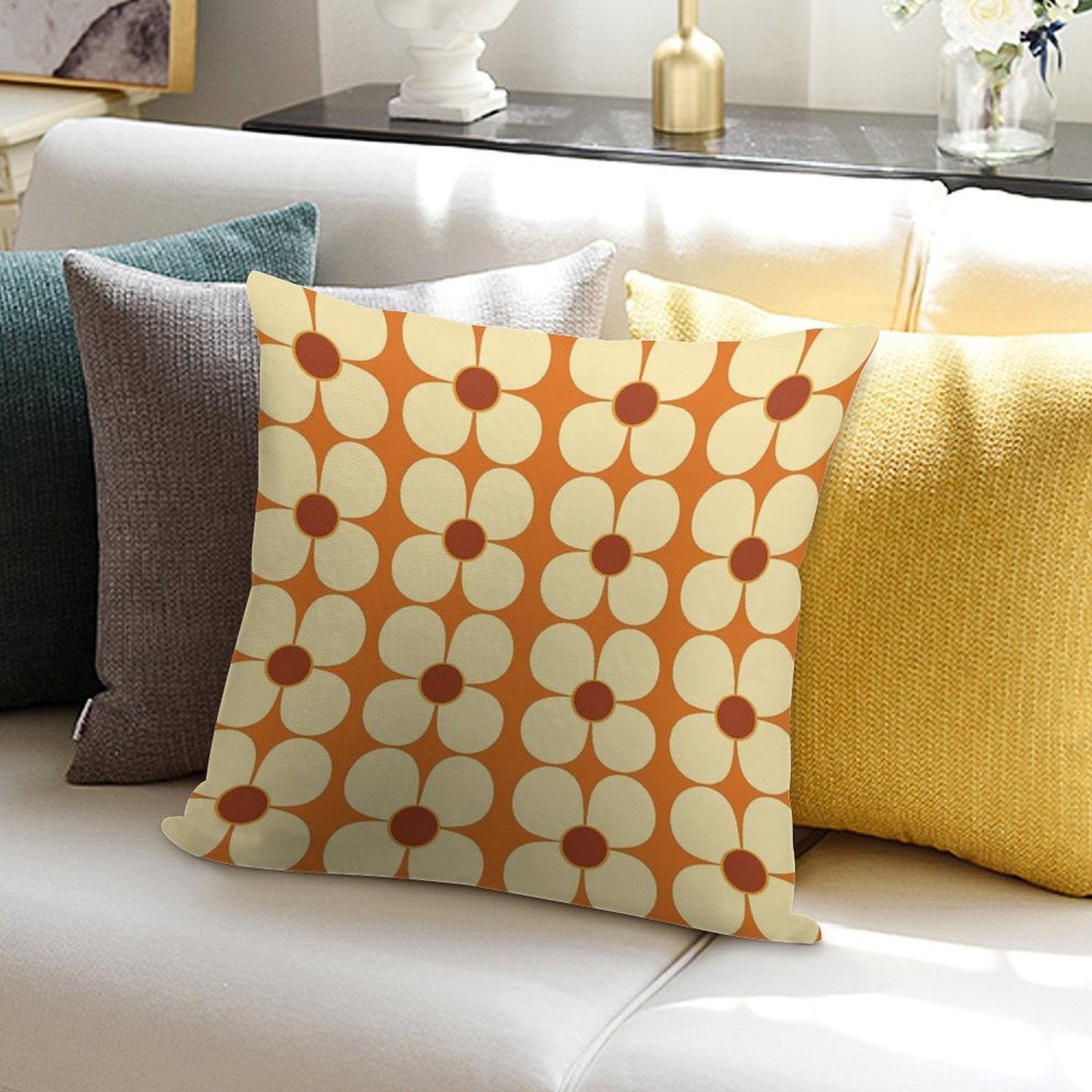 Retro Land Flower Power Orange And Cream Soft Shrink-Resistant Throw Pillow
