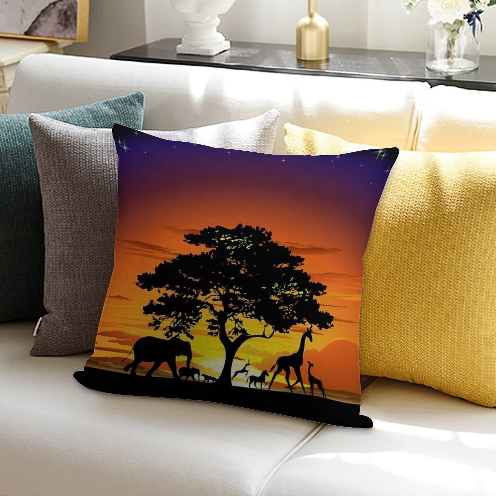 Wild Animals on African Savanna Sunset Soft High-Density Material Throw Pillow