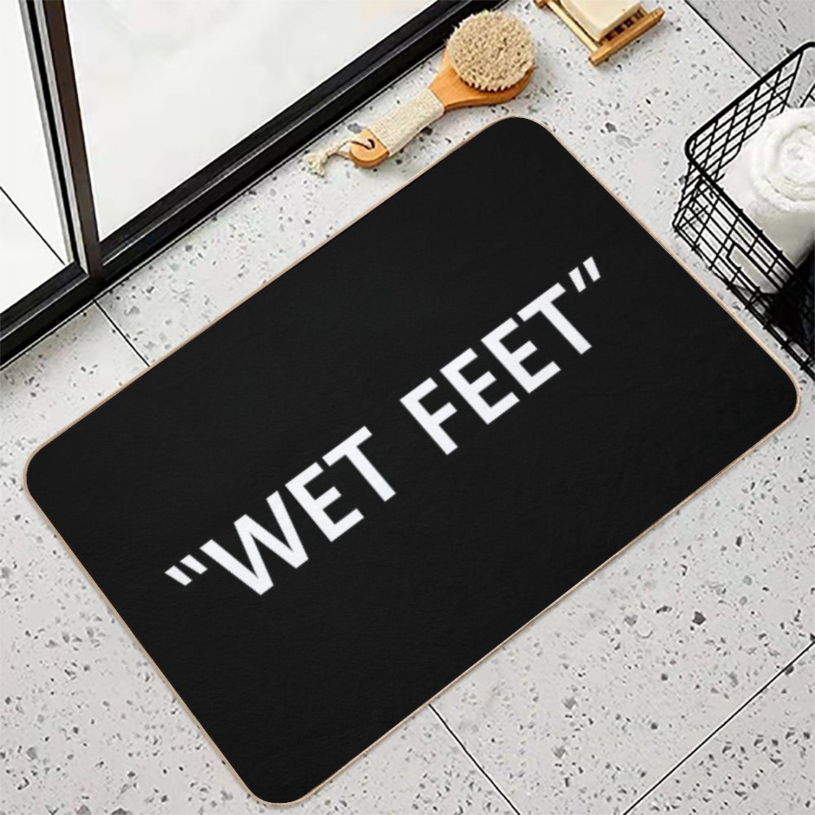 Wet Feet White on Black  Easy To Clean Bath Mat