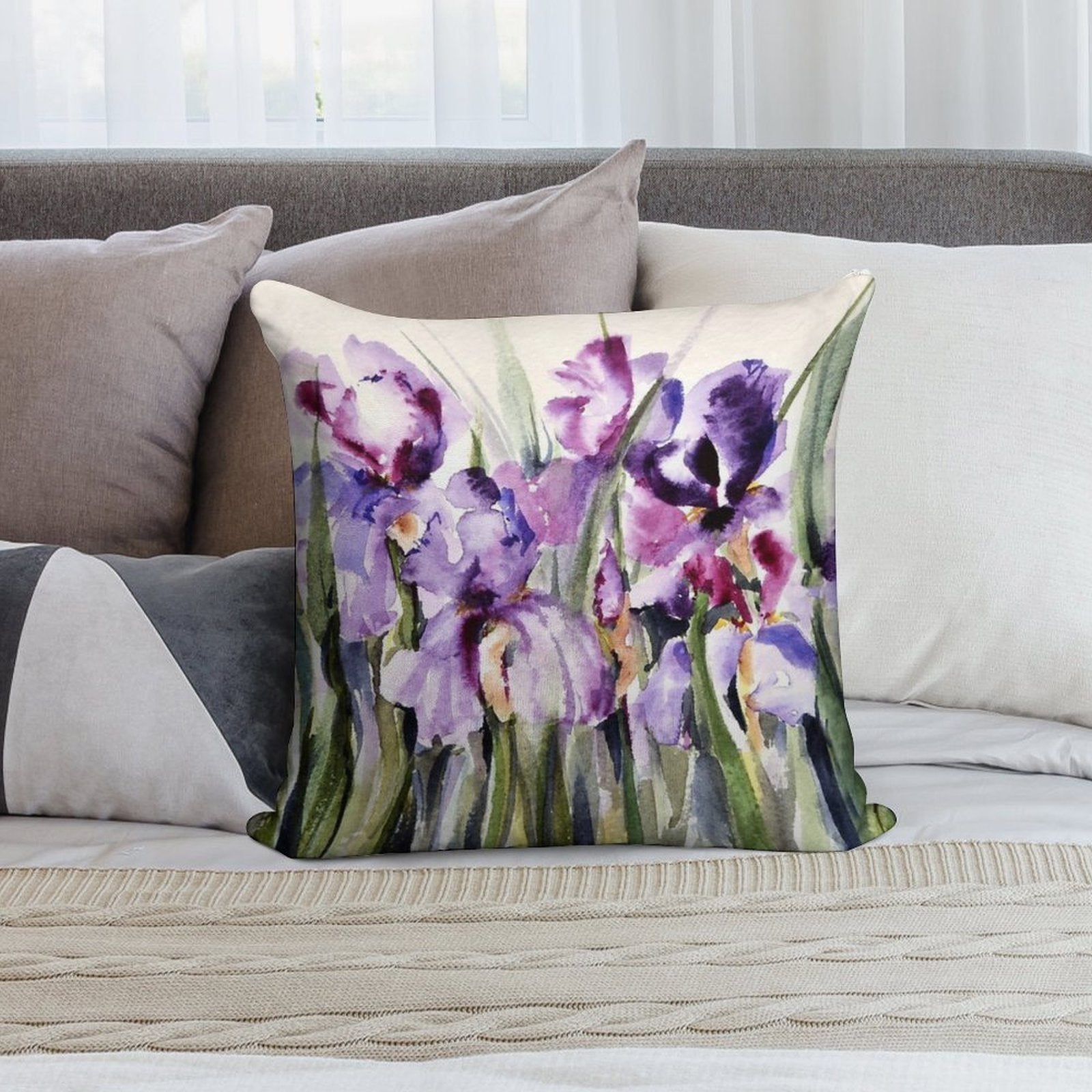 Purple Iris Art Watercolor Soft Decorative Cover Throw Pillow