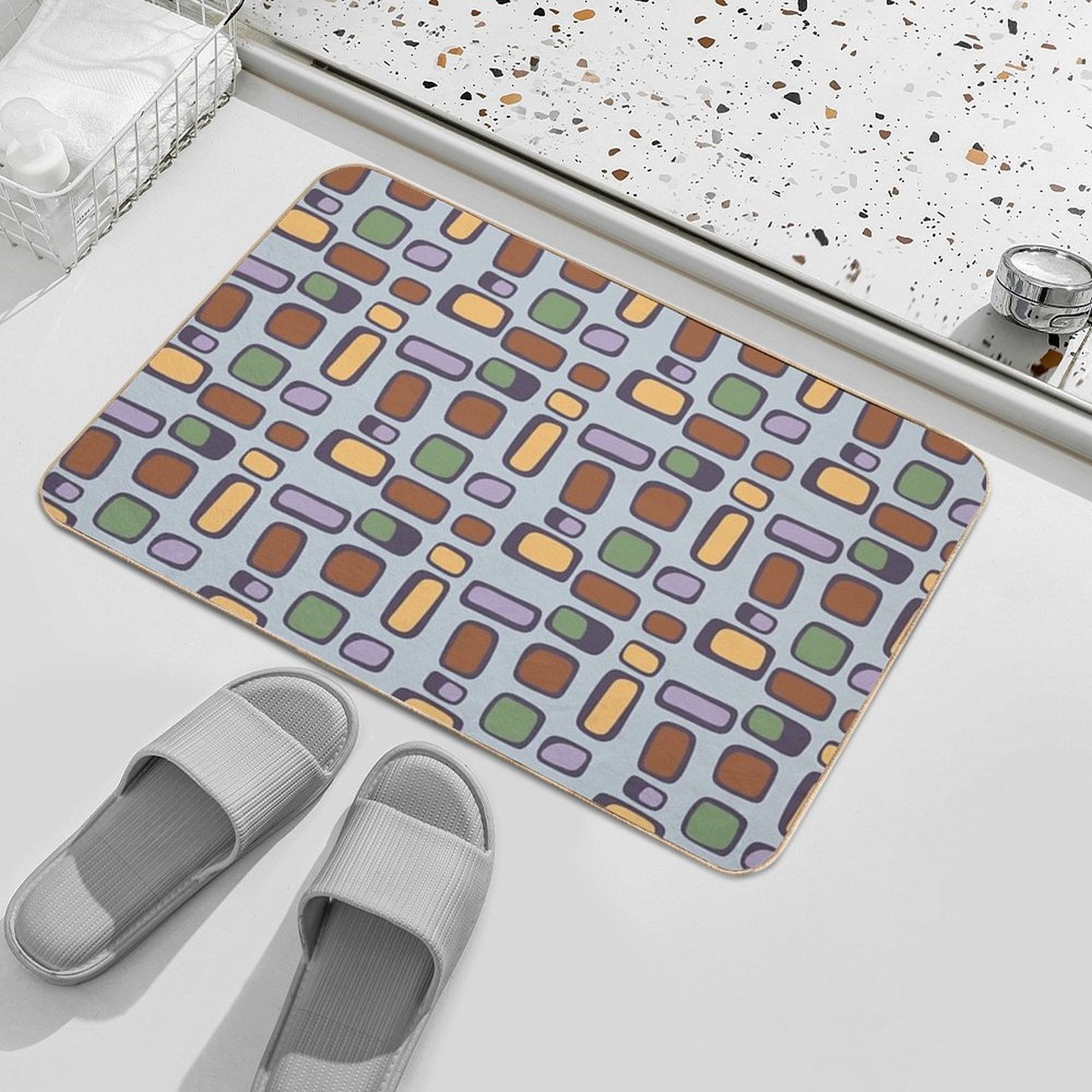 Colorful Retro Mid Century Aesthetic Squares Geometric Pattern Gray Blue & Brown  Versatile Bath Mat