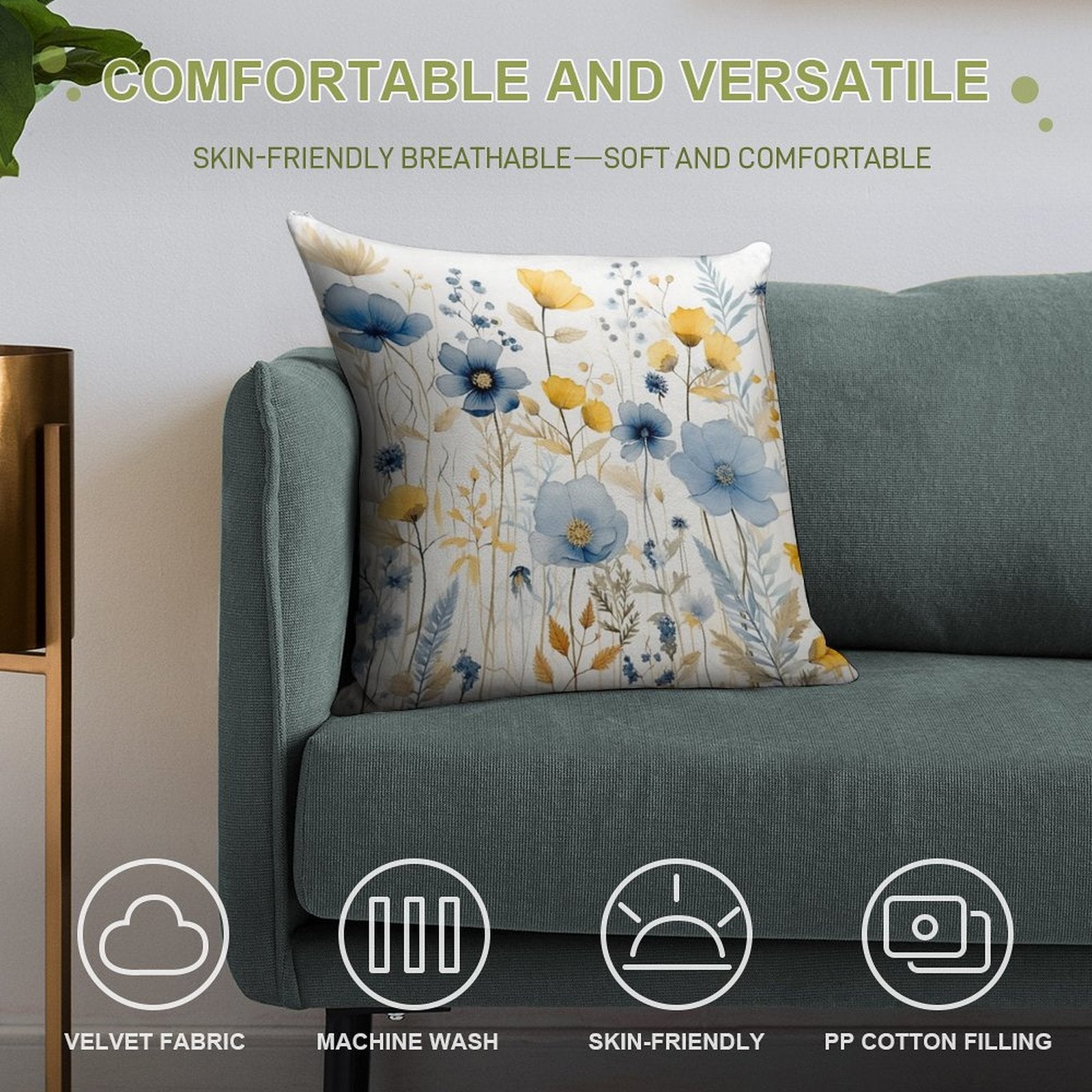 Blue And Yellow Wildflowers, Watercolour  Boho Flowers Soft Ultra-Soft Texture Throw Pillow