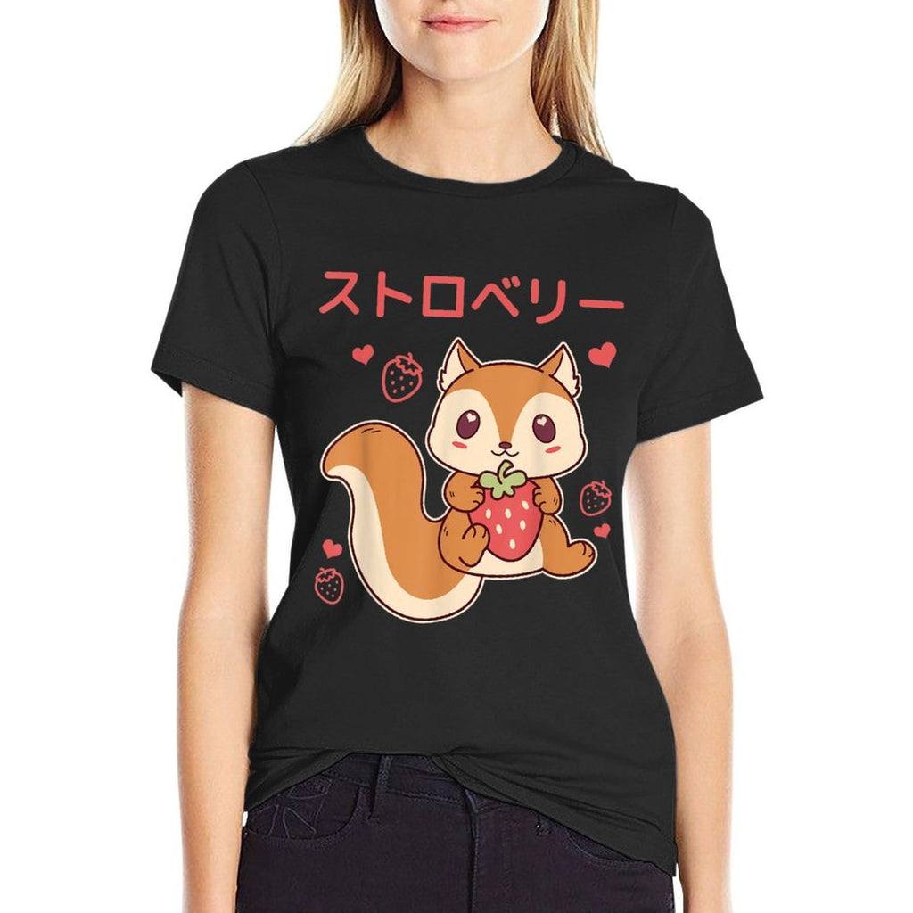 Cute Anime Squirrel Embrace Strawberry Kawaii  Rolled Sleeves T-Shirt