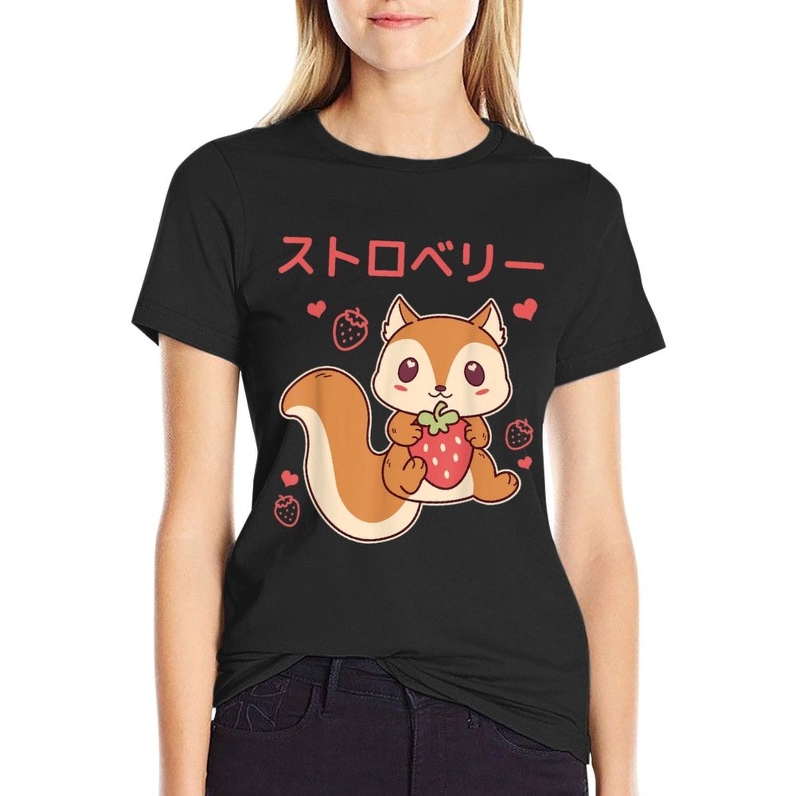 Cute Anime Squirrel Embrace Strawberry Kawaii  Rolled Sleeves T-Shirt