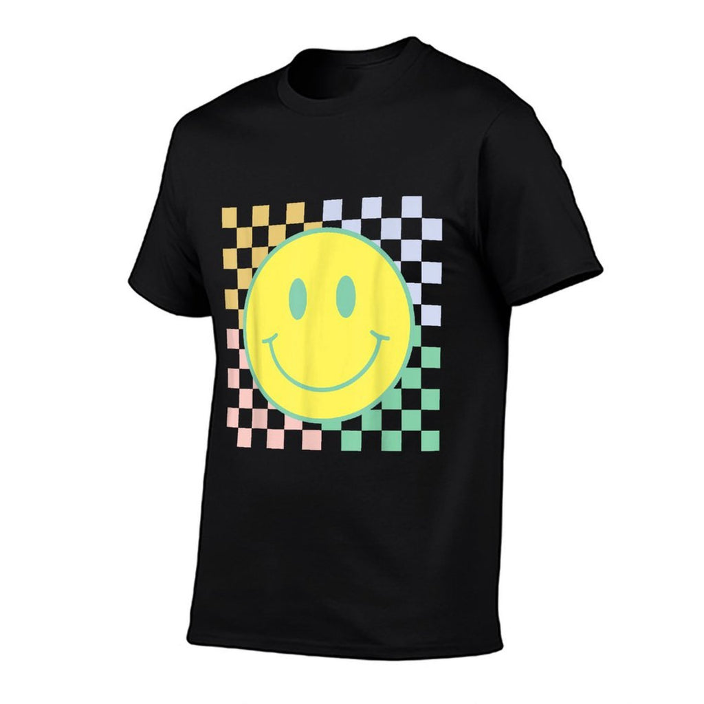 Retro Happy Face Checkered Pattern Smile Face Trendy  Eco-friendly Material T-Shirt