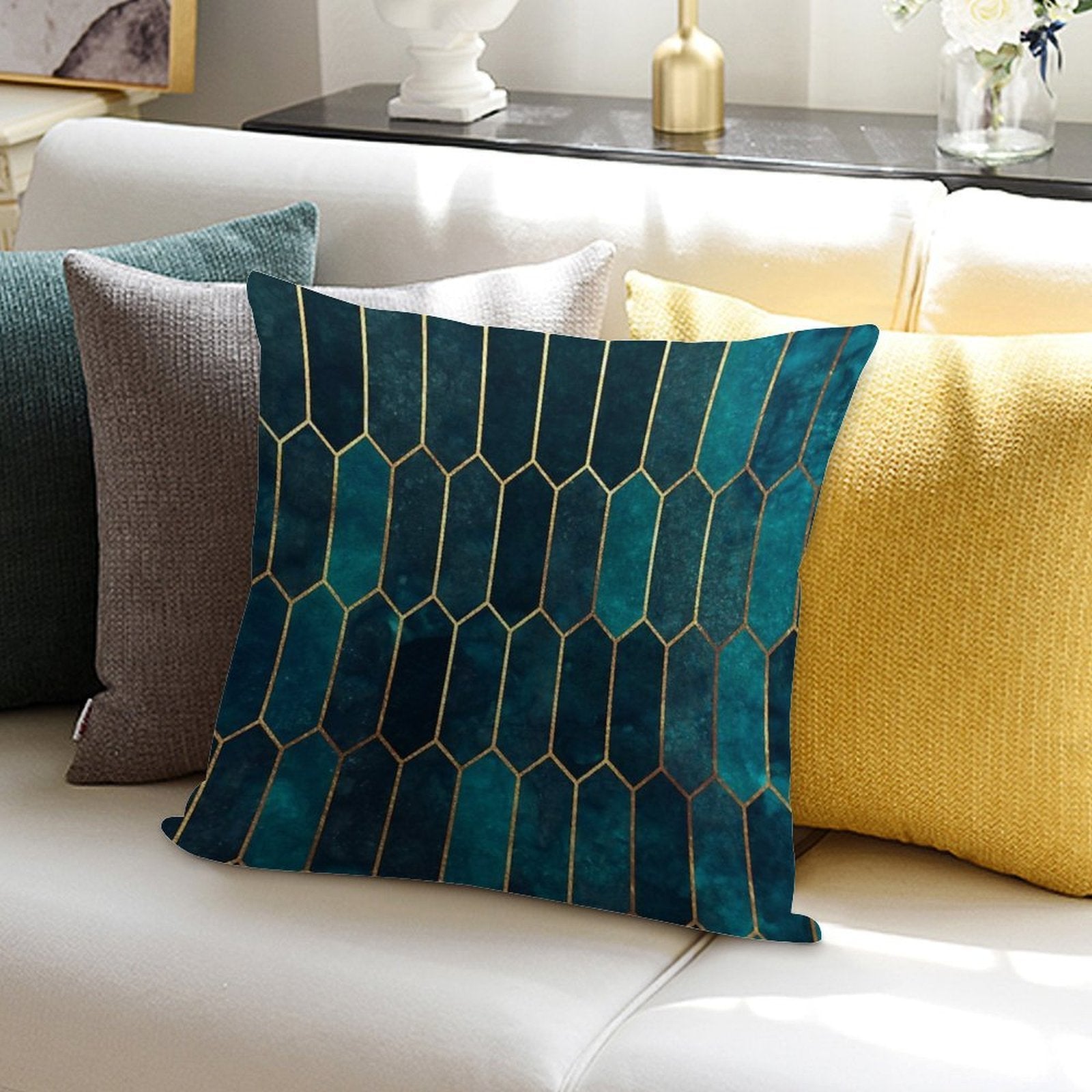 Deep Teal And Blue Gold  Pattern Soft Durable Construction Throw Pillow
