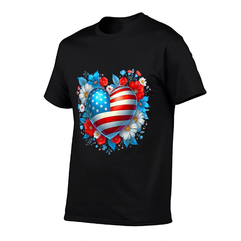 4th of July American for Girls Floral Print Heart  High-quality Stitching T-Shirt