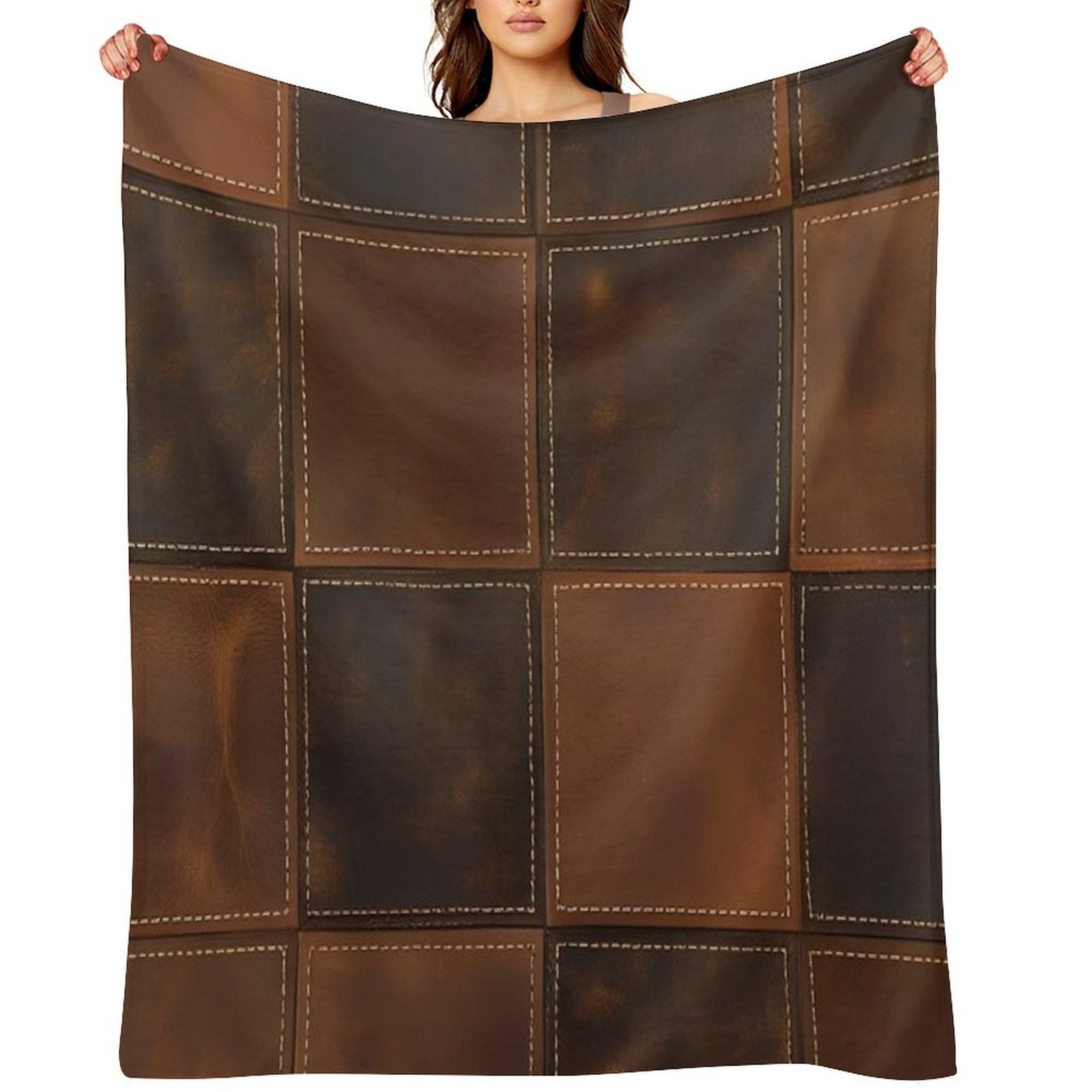Distressed Leather Patchwork with Stitch Detail Velvety-soft Throw Blanket