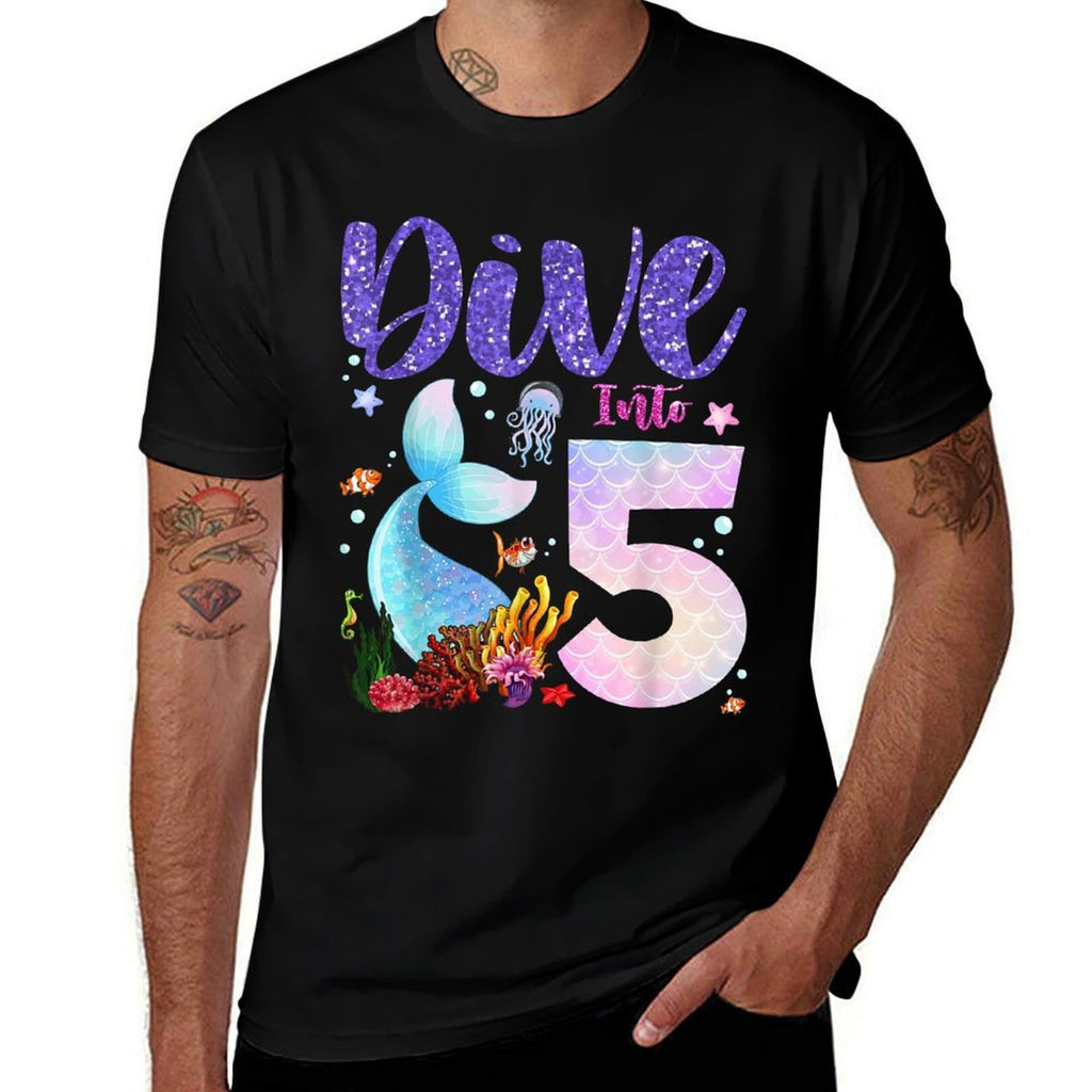 Dive Into 5 Birthday Decorations Girl 5th Birthday Mermaid  Graphic-printed T-Shirt