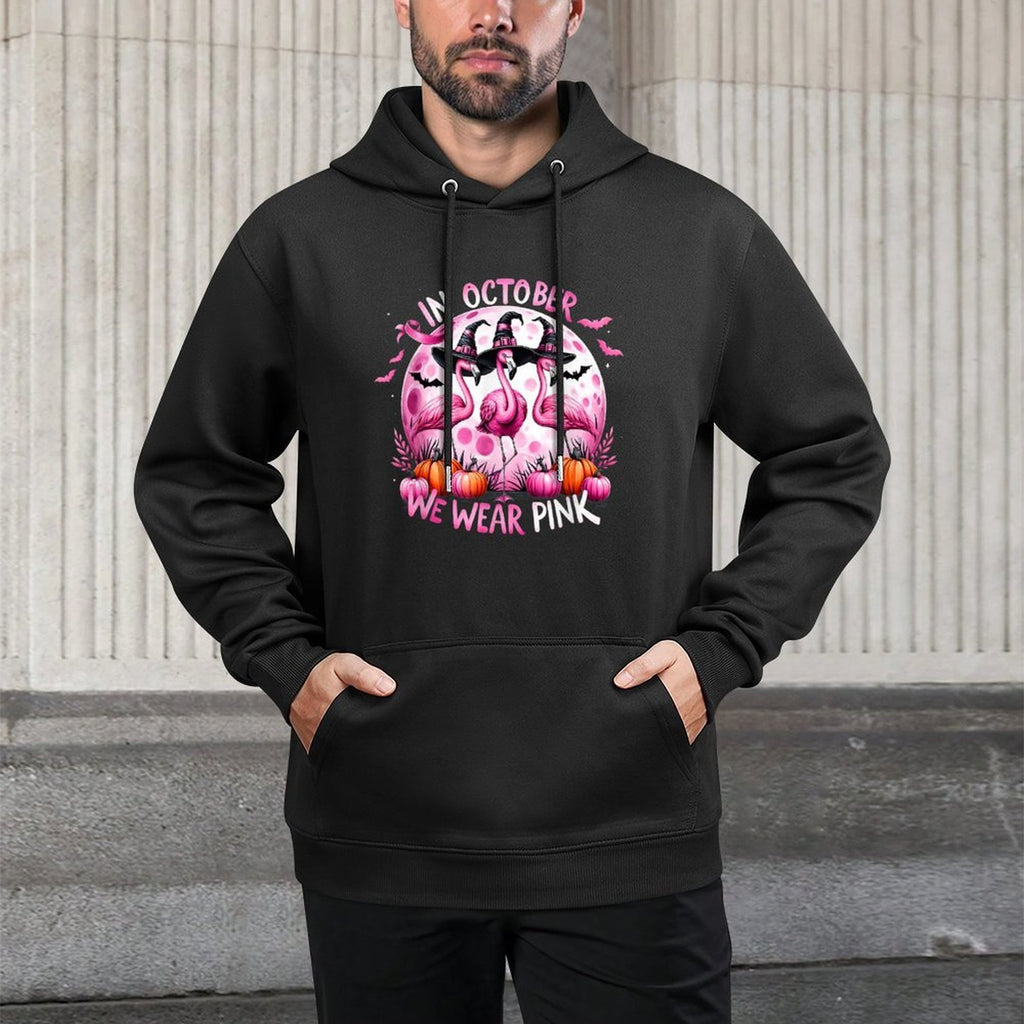 Flamingo In October We Wear Pink Breast Cancer Halloween Medium-Weight Fabric Hoodie
