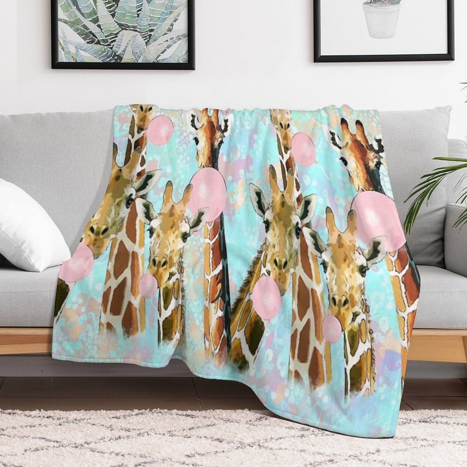 Watercolor Giraffes with Bubblegum, Funny Animals, Cute, Kawaii Giraffe Multi-functional Throw Blanket