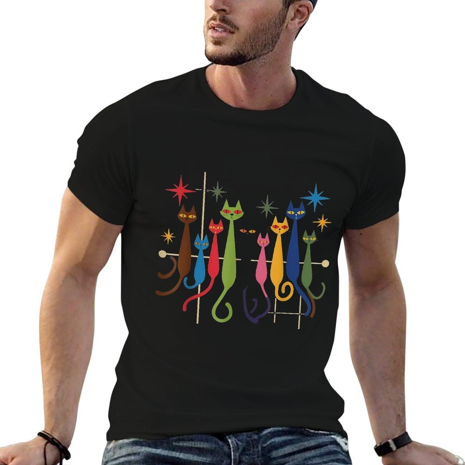 Vintage Mid Century Modern Retro Look Cats Dogs 50s 60s 70s  High-quality Stitching T-Shirt