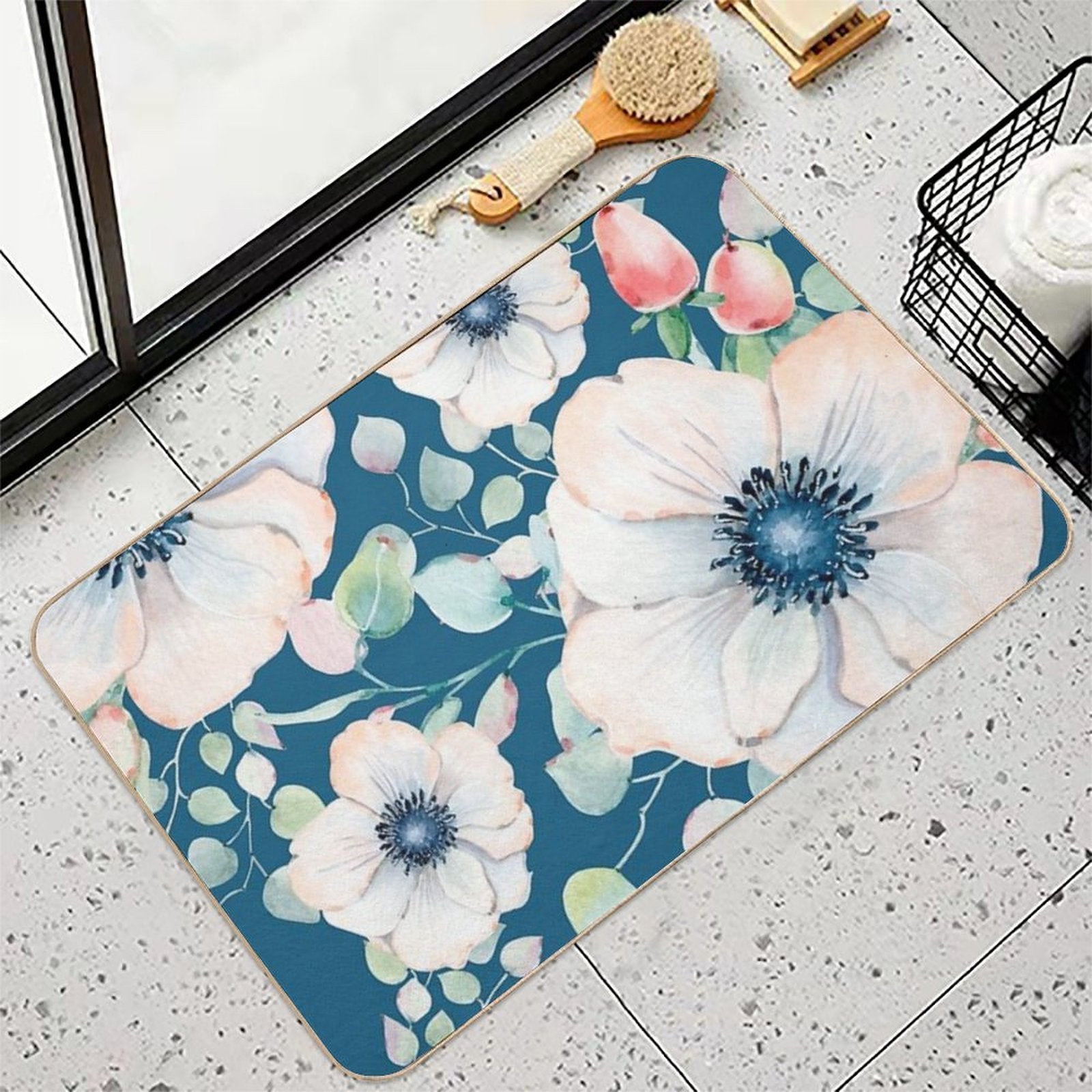 Summer Flowers Blue  Stain-Proof Bath Mat