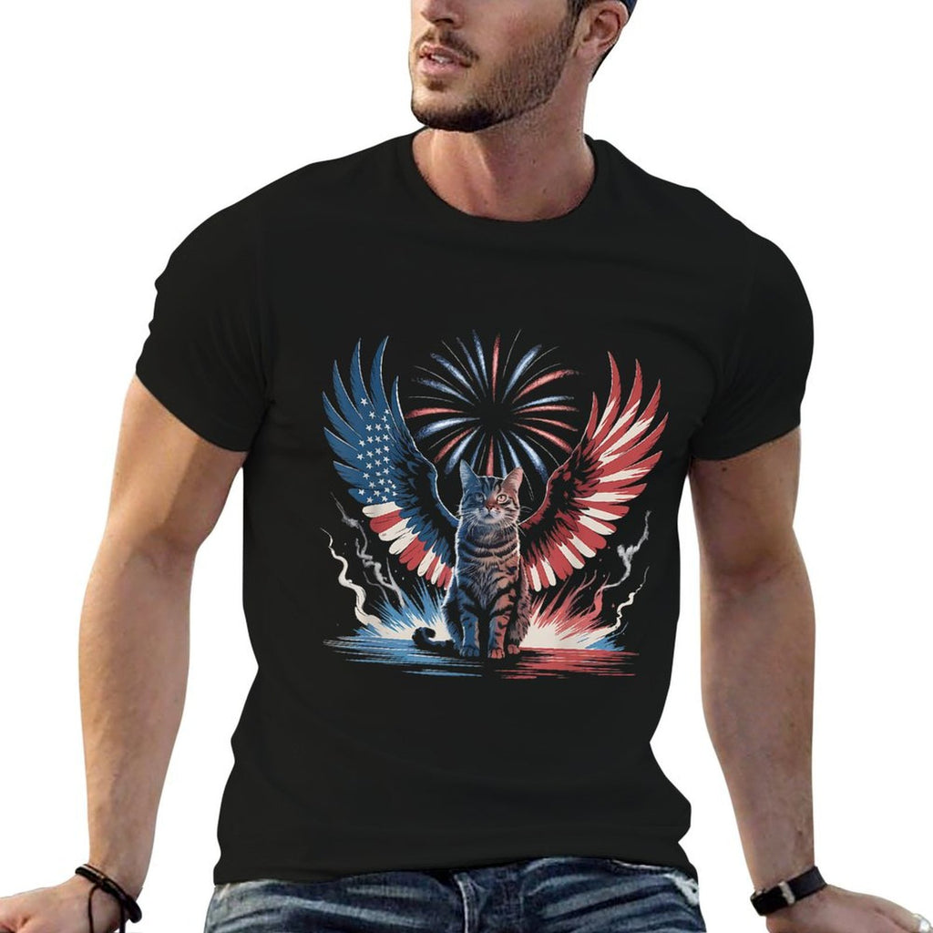 Patriotic Cat with Wings 4th of July Fireworks Design  Summer-ready Fabric T-Shirt