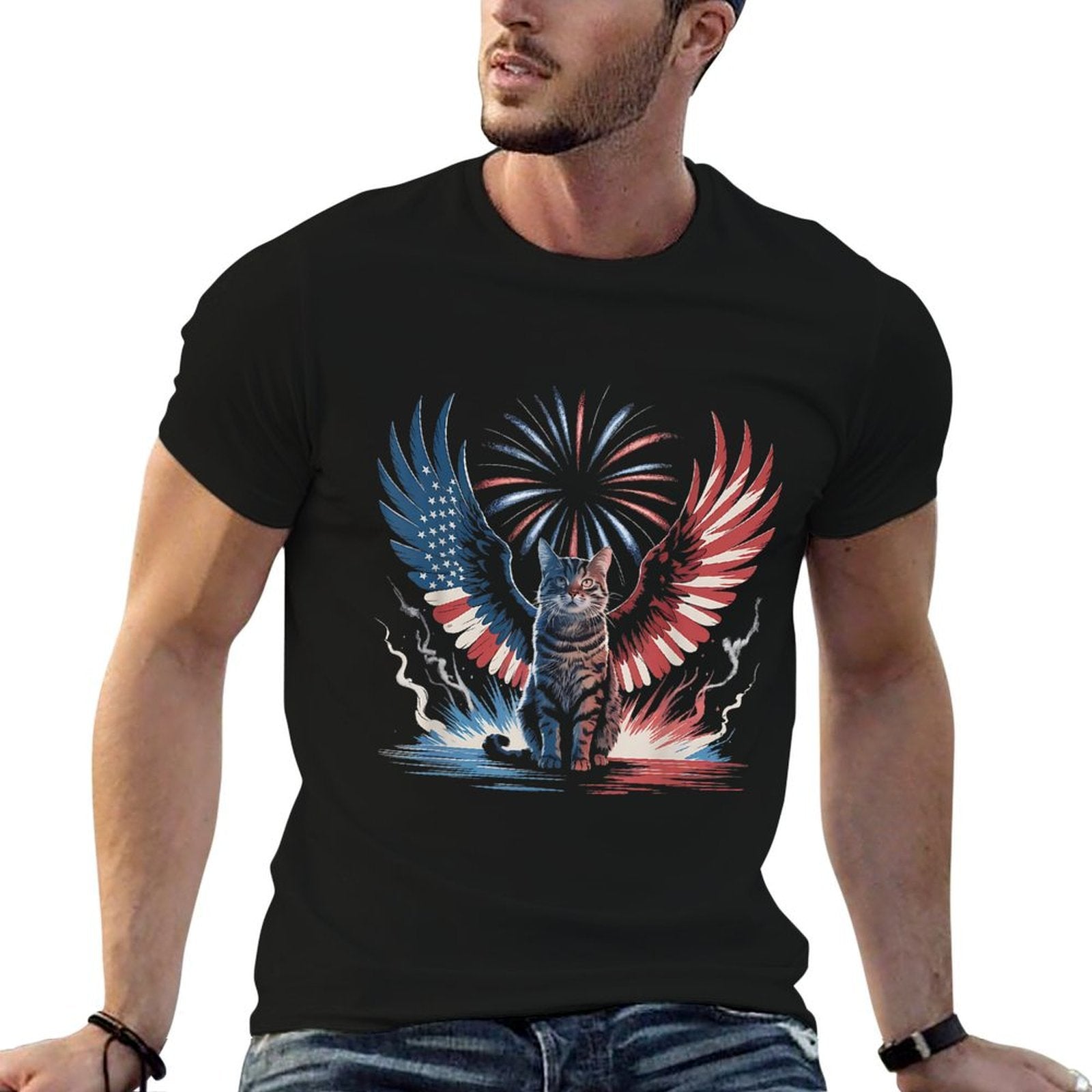 Patriotic Cat with Wings 4th of July Fireworks Design  Summer-ready Fabric T-Shirt