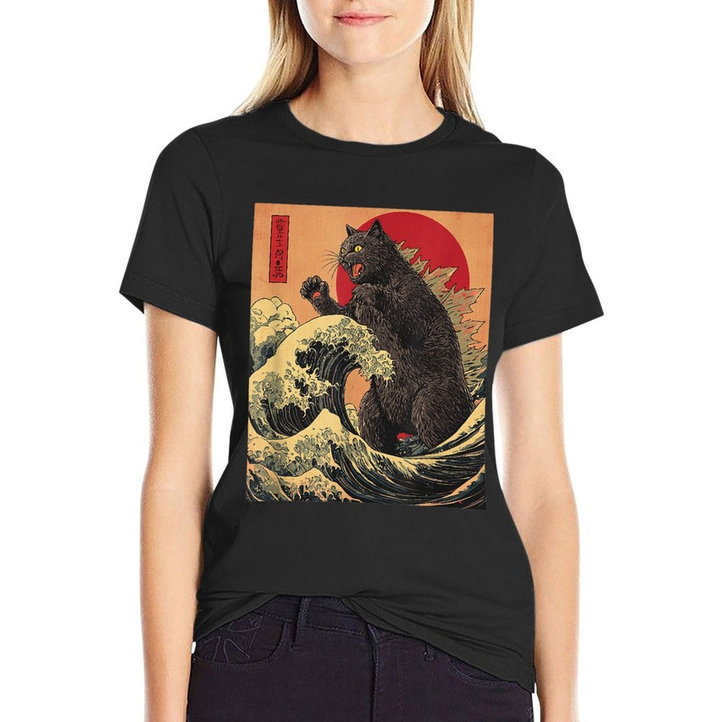Catzilla Cat Japanese Anime Kawaii Sunset  High-quality Stitching T-Shirt
