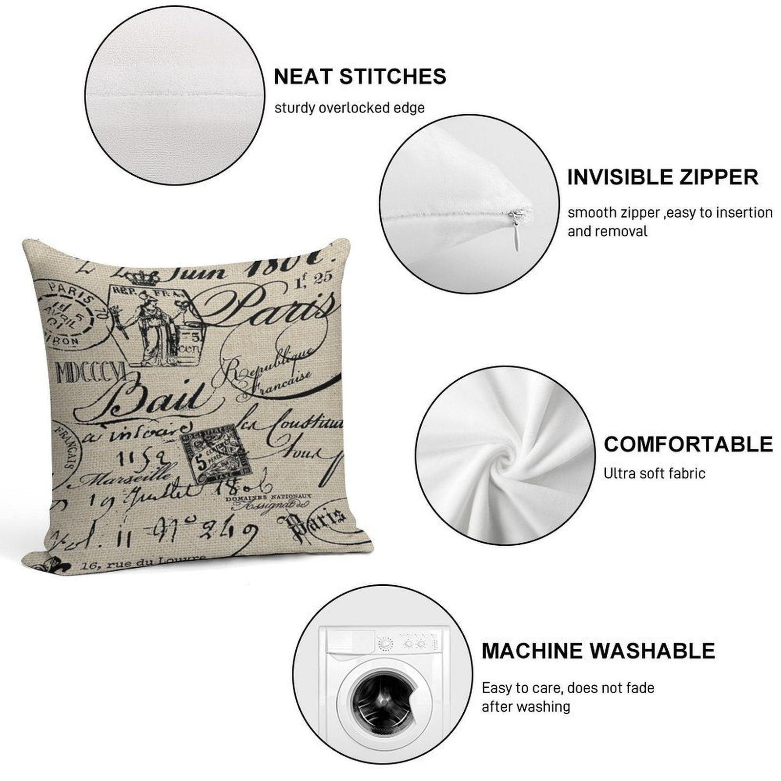 French Script Pillow Soft Hidden Zipper Throw Pillow