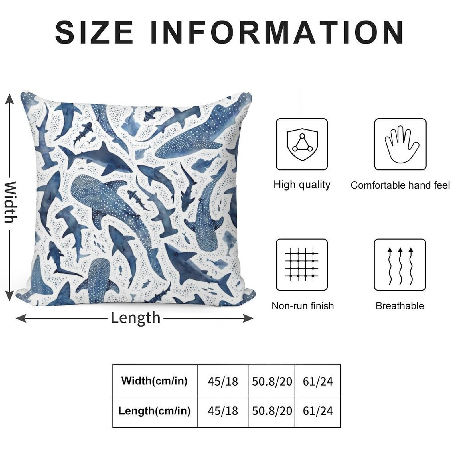 Monochrome Blue Watercolour Shark Ocean on White Soft Skin-Friendly Throw Pillow