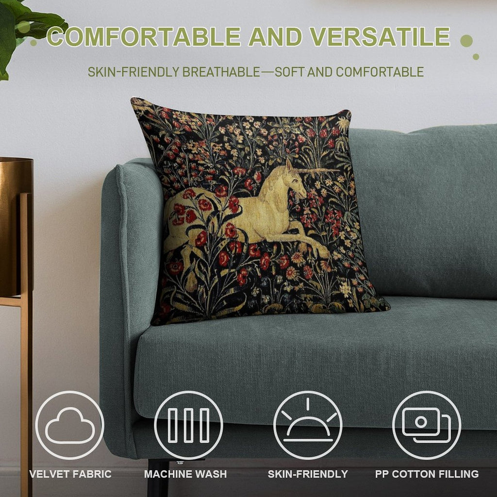 Medieval Unicorn Midnight Floral Tapestry Soft Shrink-Resistant Throw Pillow