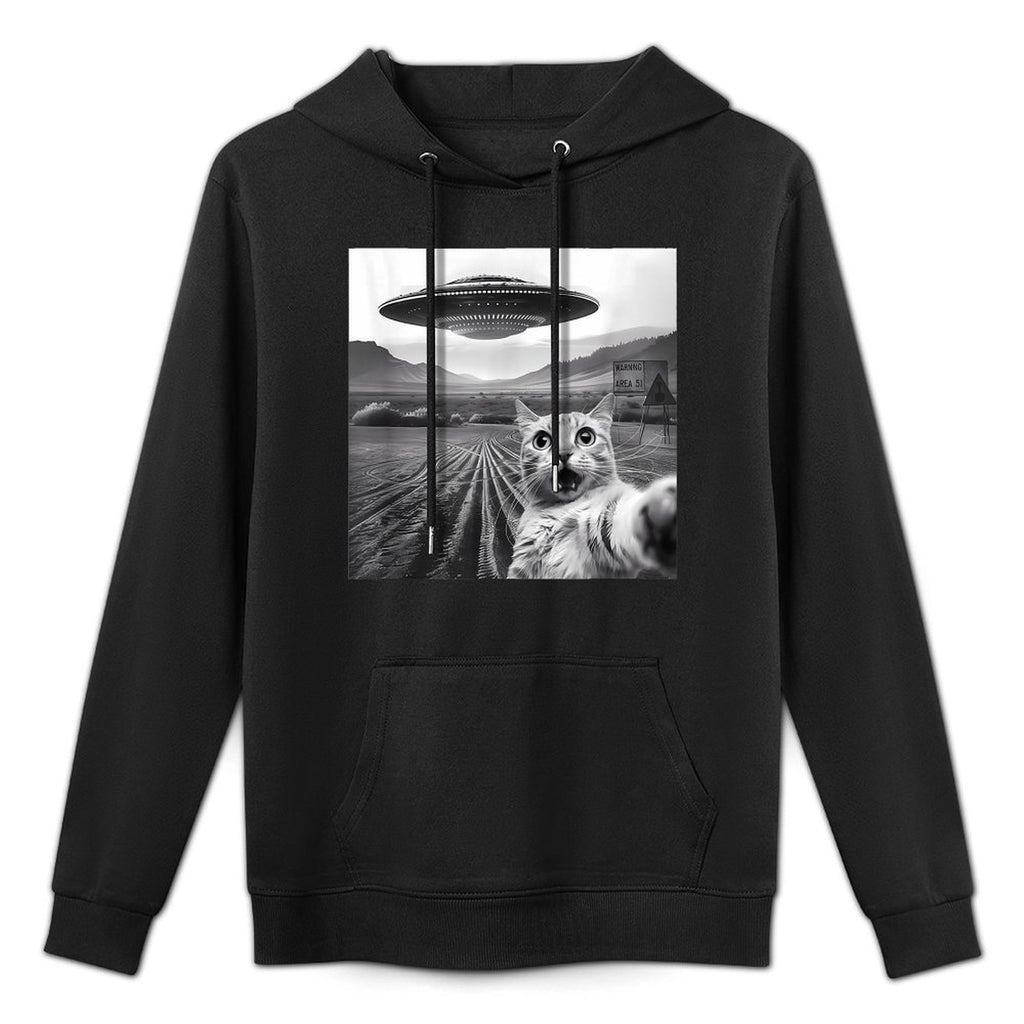 Funny Area 51 UFO Cat Selfie with Alien Cat UFOs Meme Weird Machine Washable Hoodie