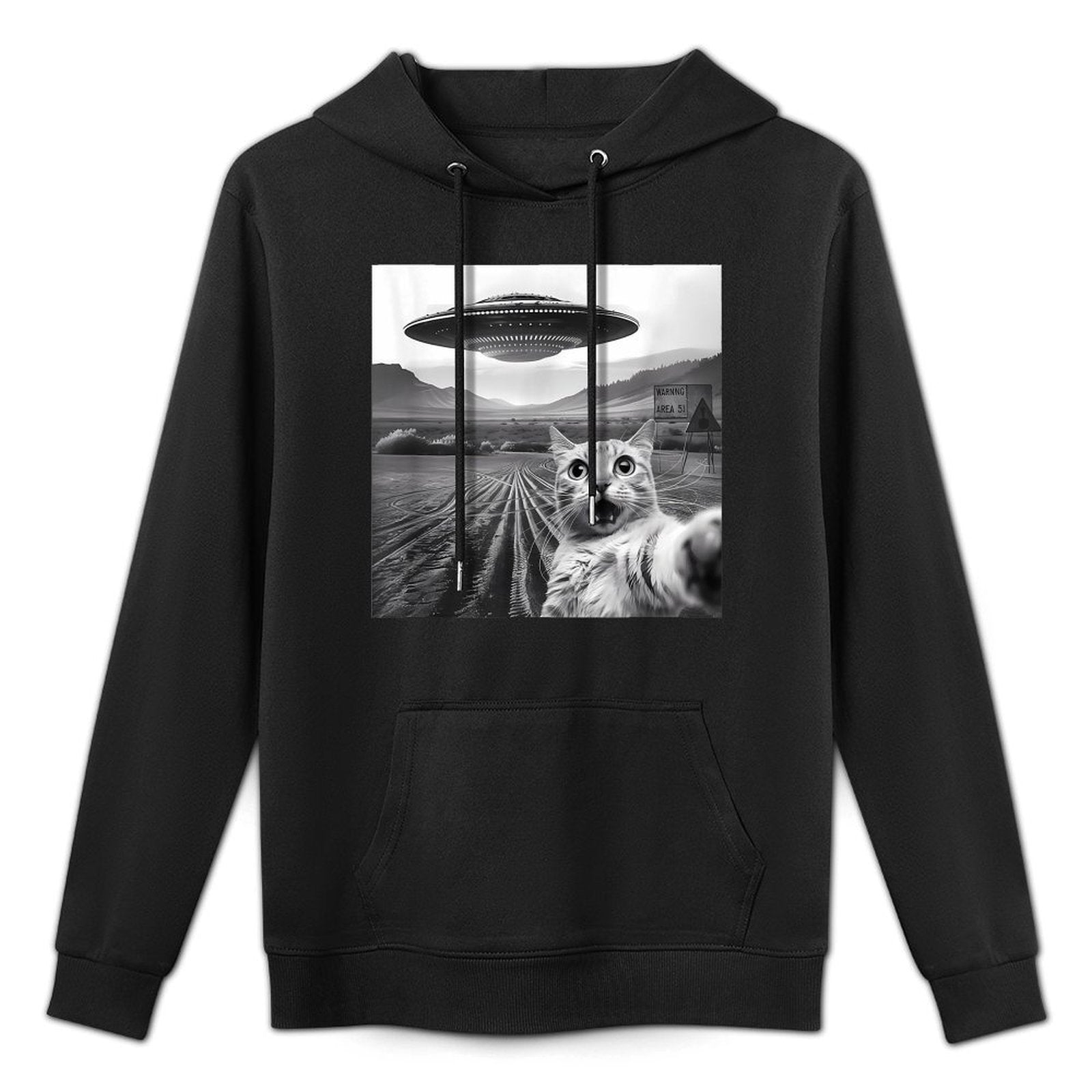 Funny Area 51 UFO Cat Selfie with Alien Cat UFOs Meme Weird Machine Washable Hoodie