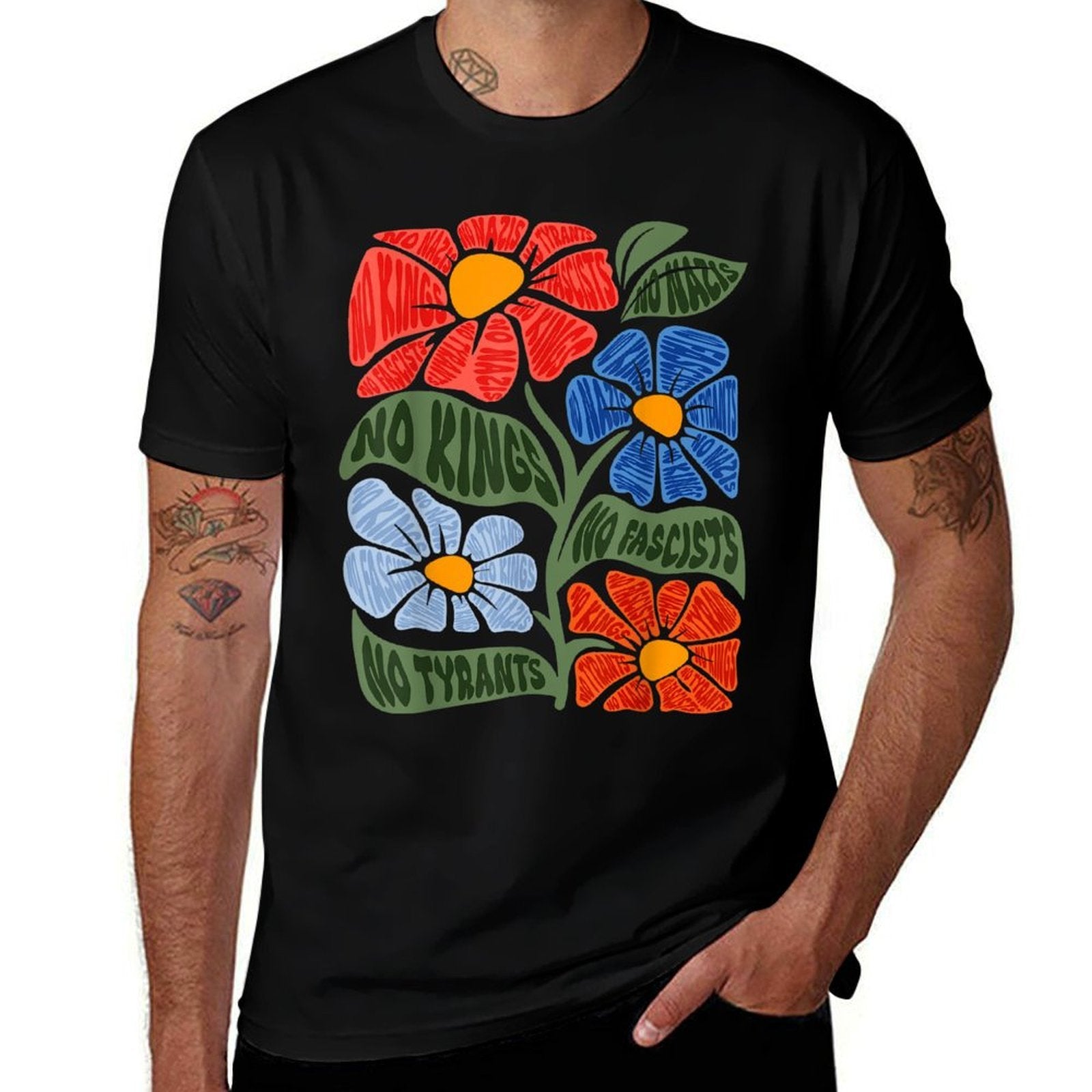 Subtle Boho Flowers Anti No Kings In America Resist Protest  Relaxed-fit T-Shirt
