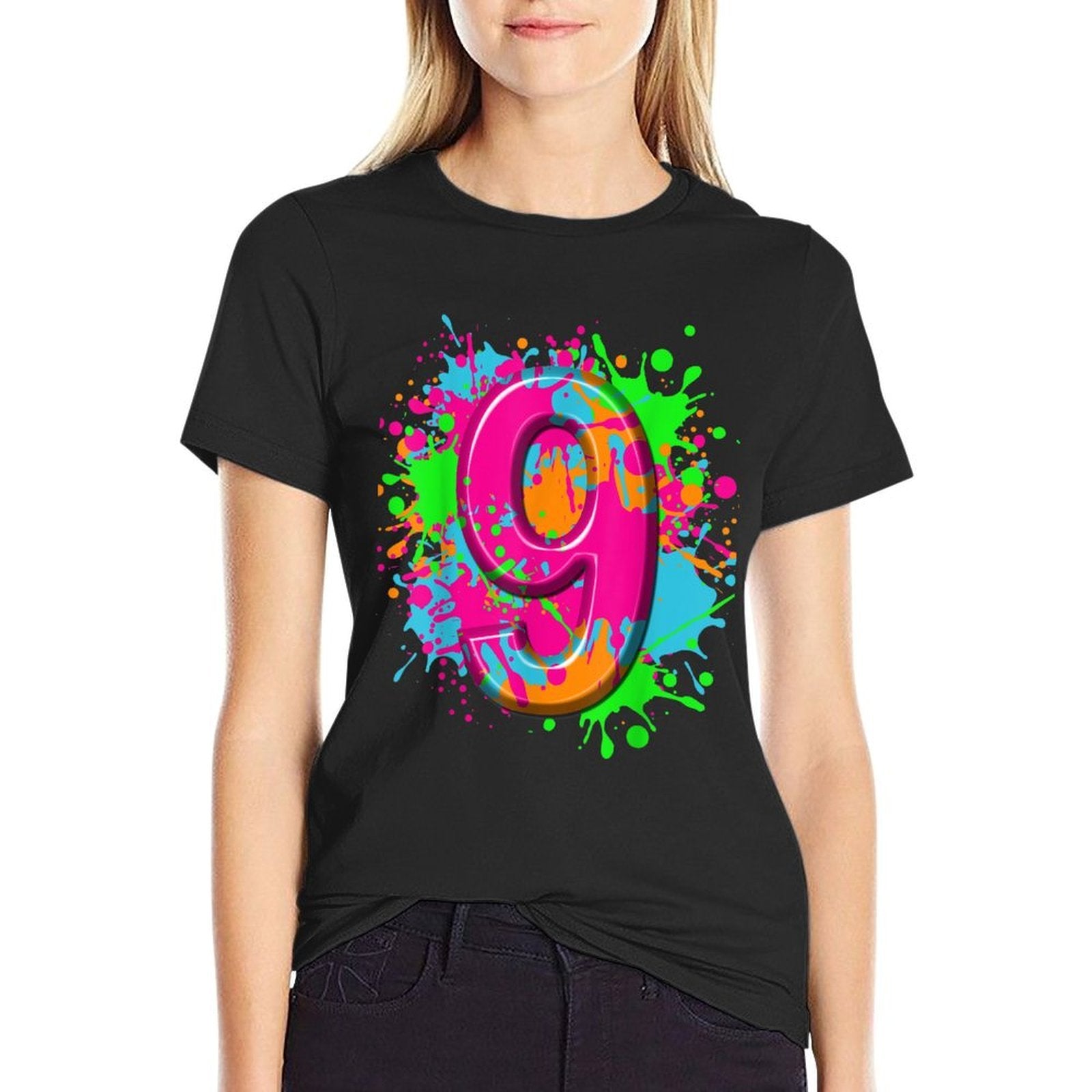 9th Birthday Paint Splashes Kids Girls Boys 9 Year  Breathable T-Shirt