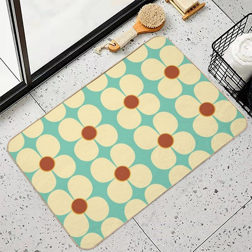 Retro Land Flower Power Blue And Cream  Easy To Clean Bath Mat