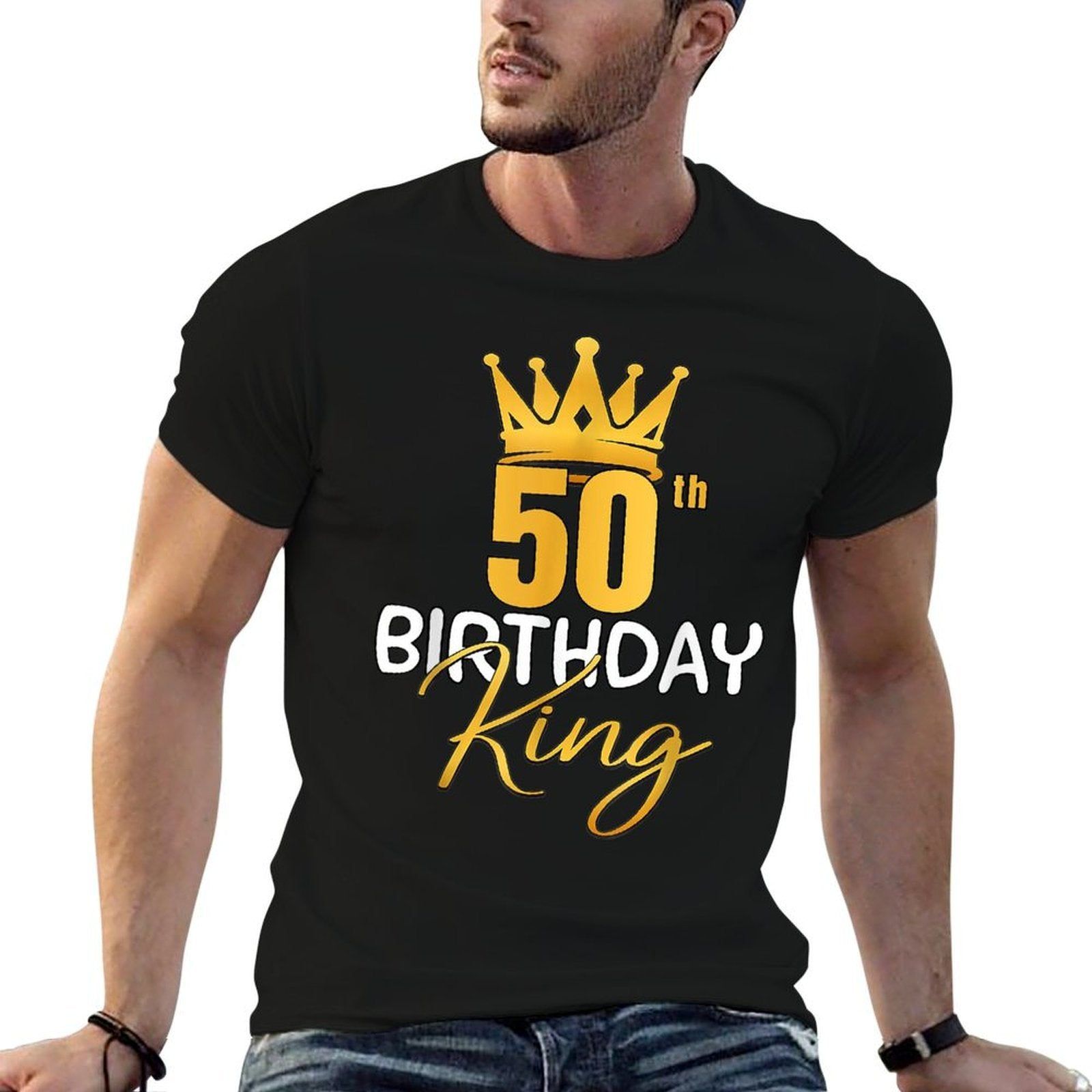 50th Birthday King Gold Crown For Boys And Men  Ribbed Collar T-Shirt