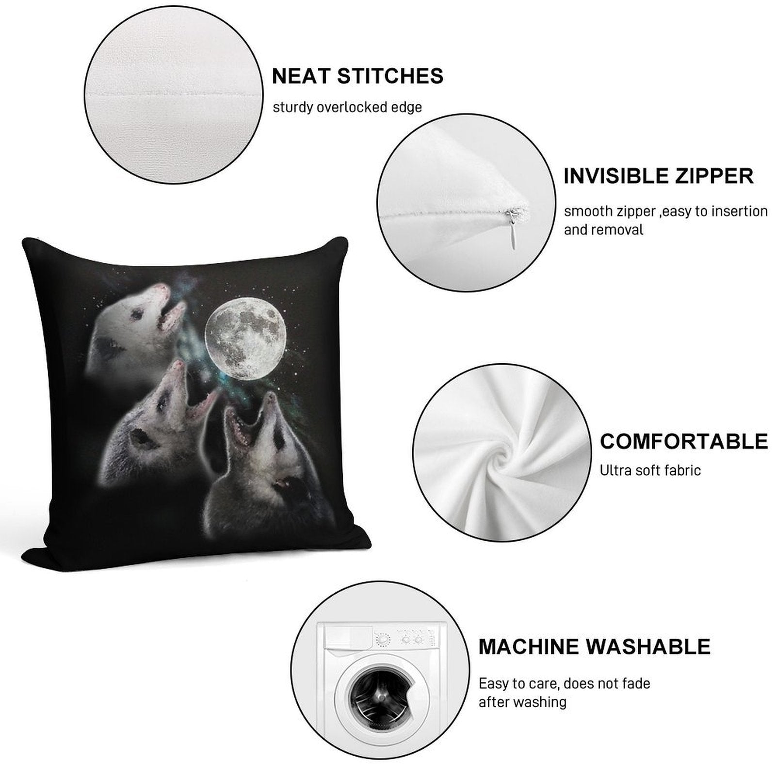 3 Opossum Moon Soft Fade-Resistant Throw Pillow