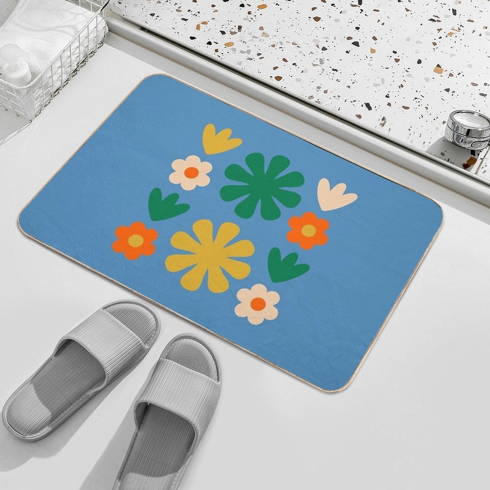 Retro Modern Scandi Flower Grid Pattern Blue Green Mustard Orange Beige  Easy Maintenance Bath Mat