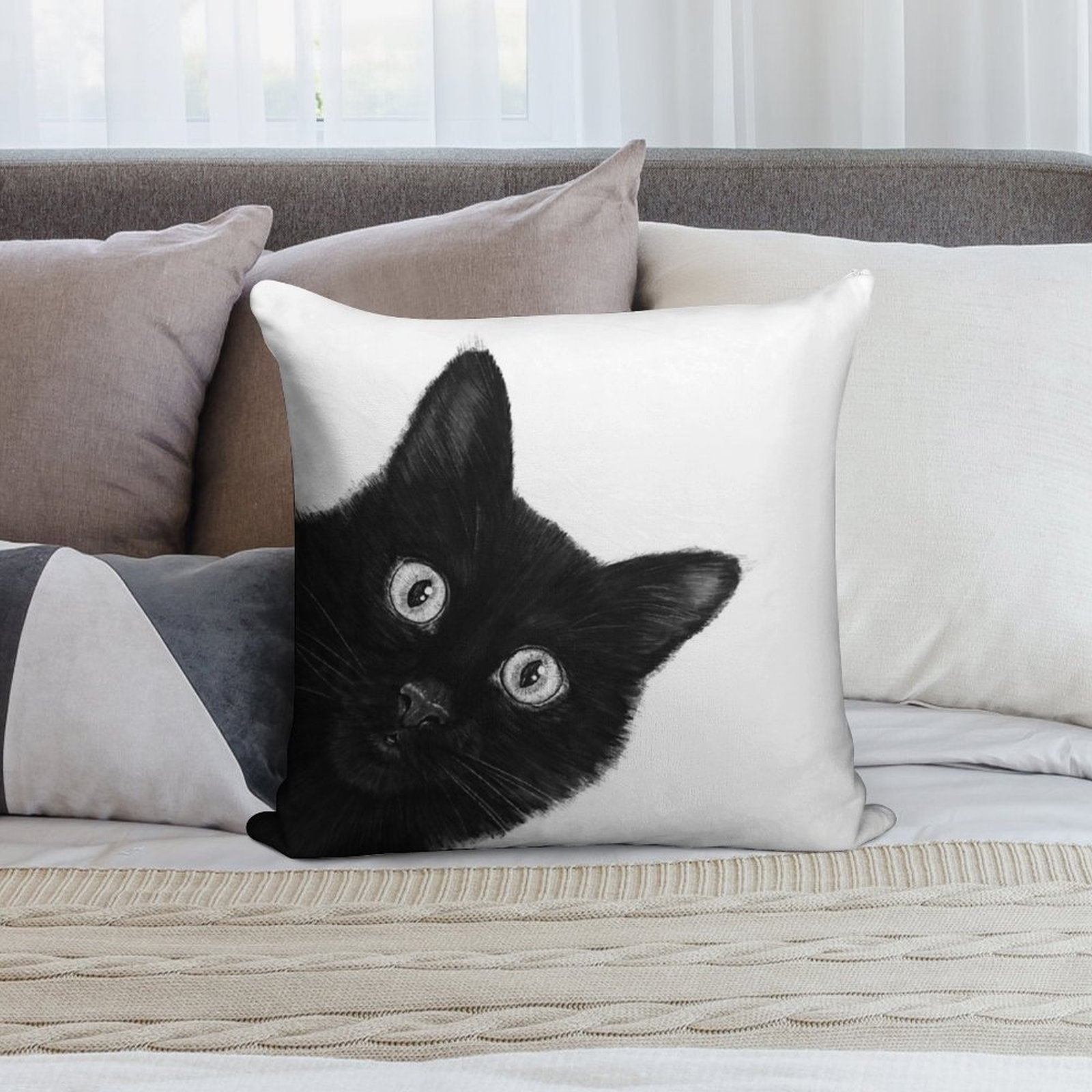 Black Cat Soft Short Plush Fabric Throw Pillow
