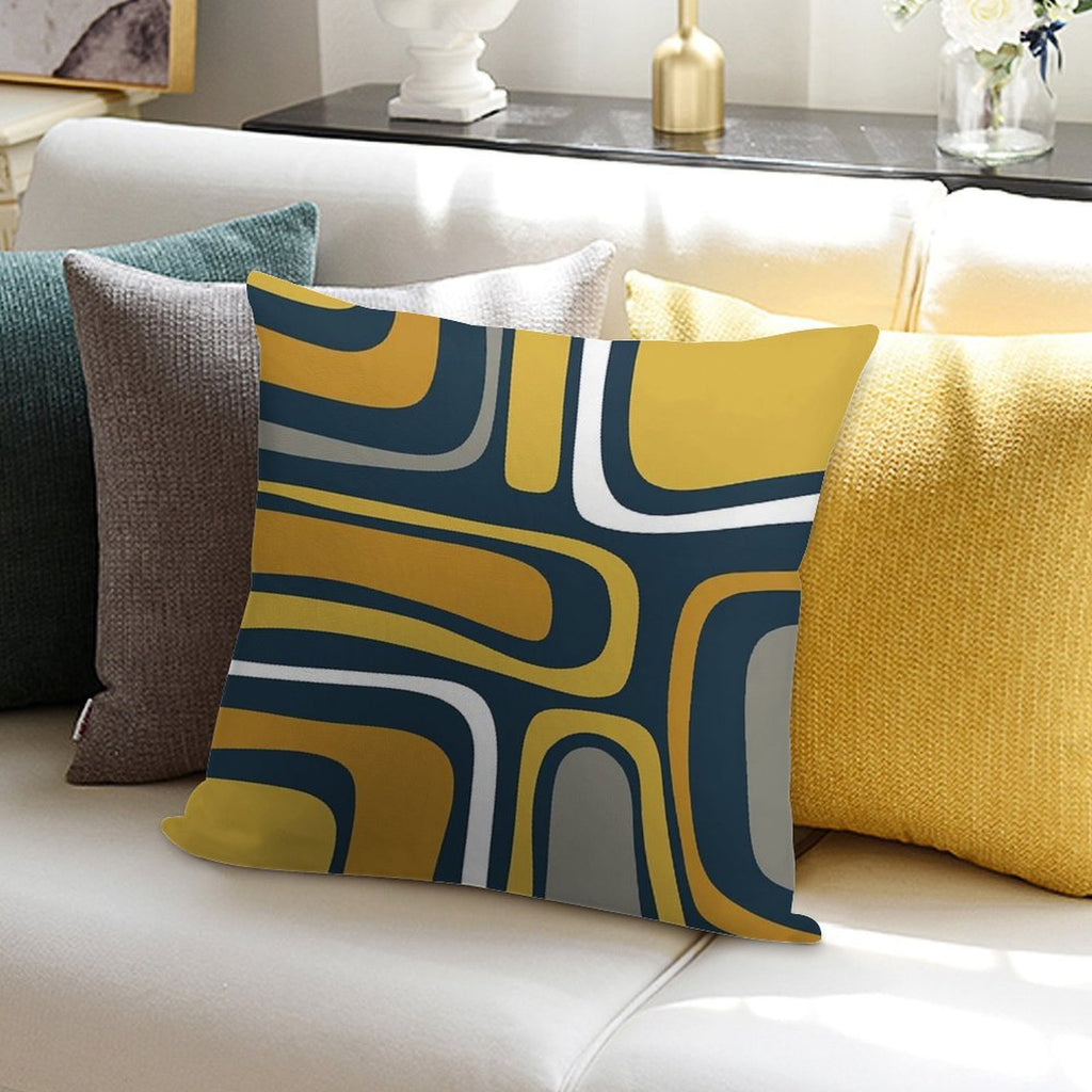 Palm Springs Mid-Century Modern Abstract Pattern in Light And Dark Mustard, Gray, And White on Navy Blue Soft Skin-Friendly Throw Pillow