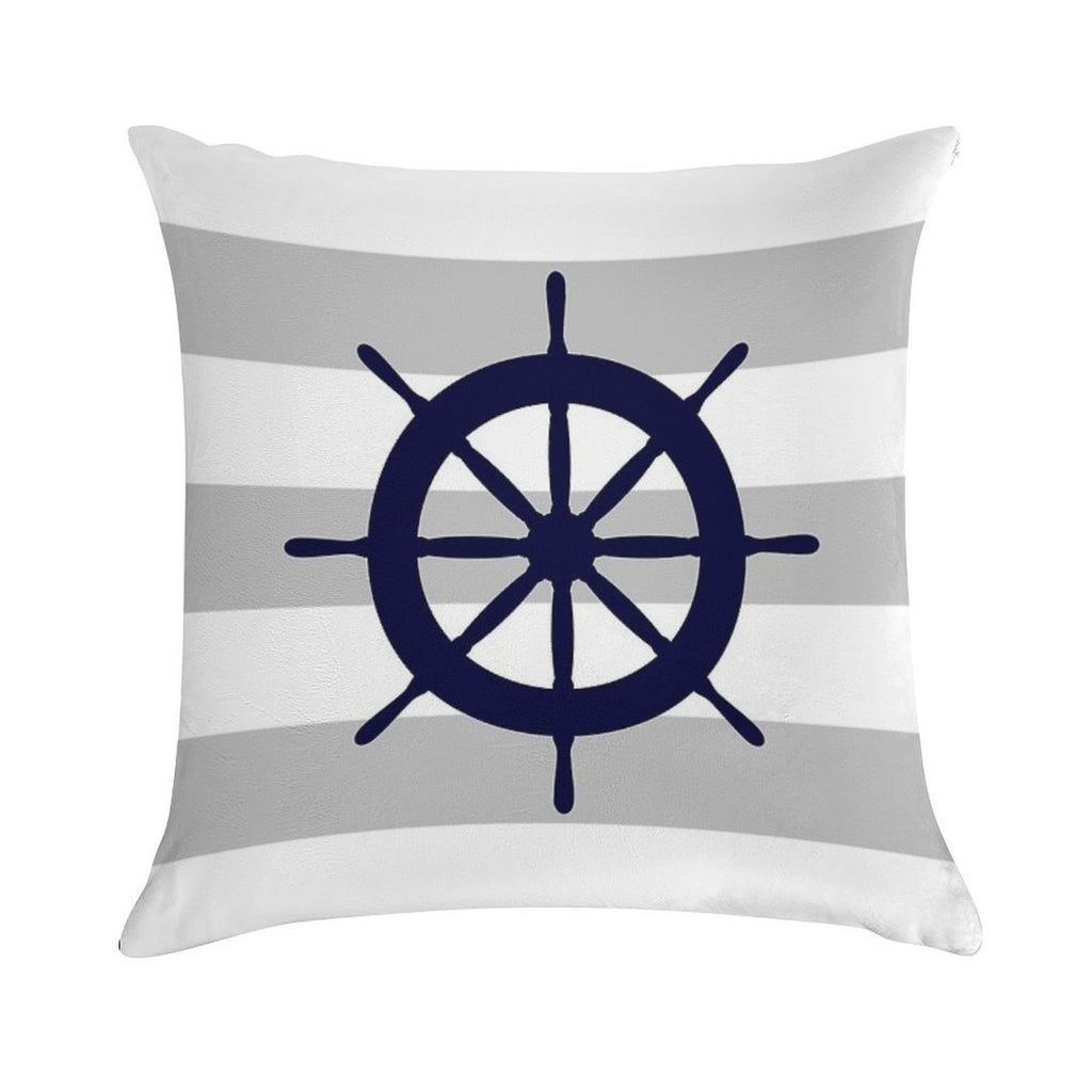 Nautical Navy Blue Ship's Wheel On Gray Stripes Soft Luxury Feel Throw Pillow
