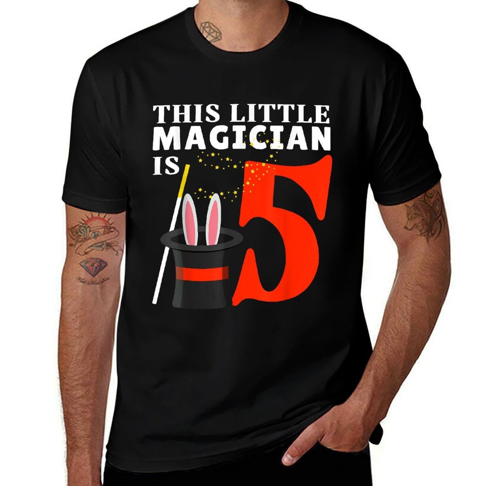 This Little Magician Is 5 Five Year 5th Birthday Party Magic  Ribbed Collar T-Shirt
