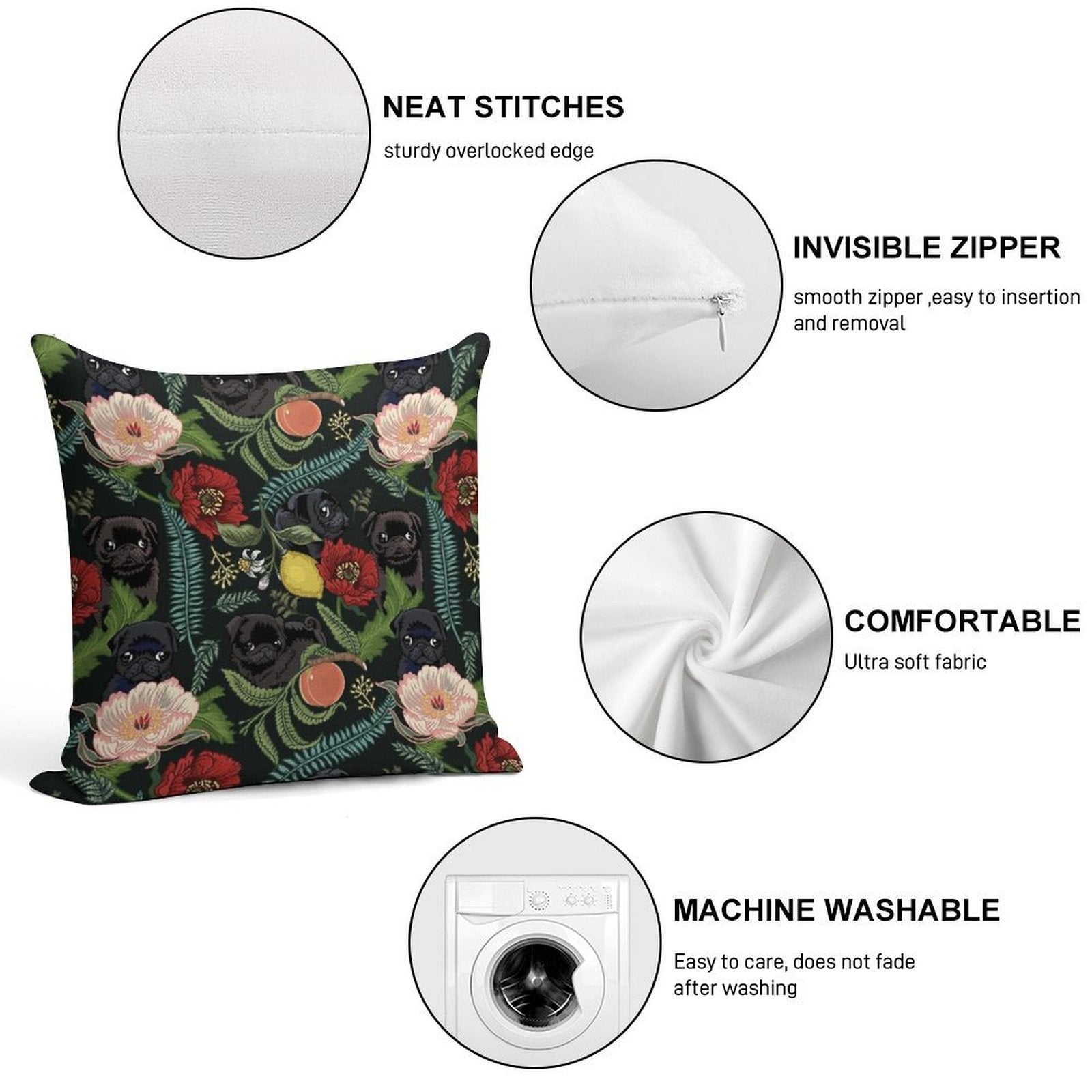 Botanical And Black Pugs Soft Warmth Comfort Throw Pillow