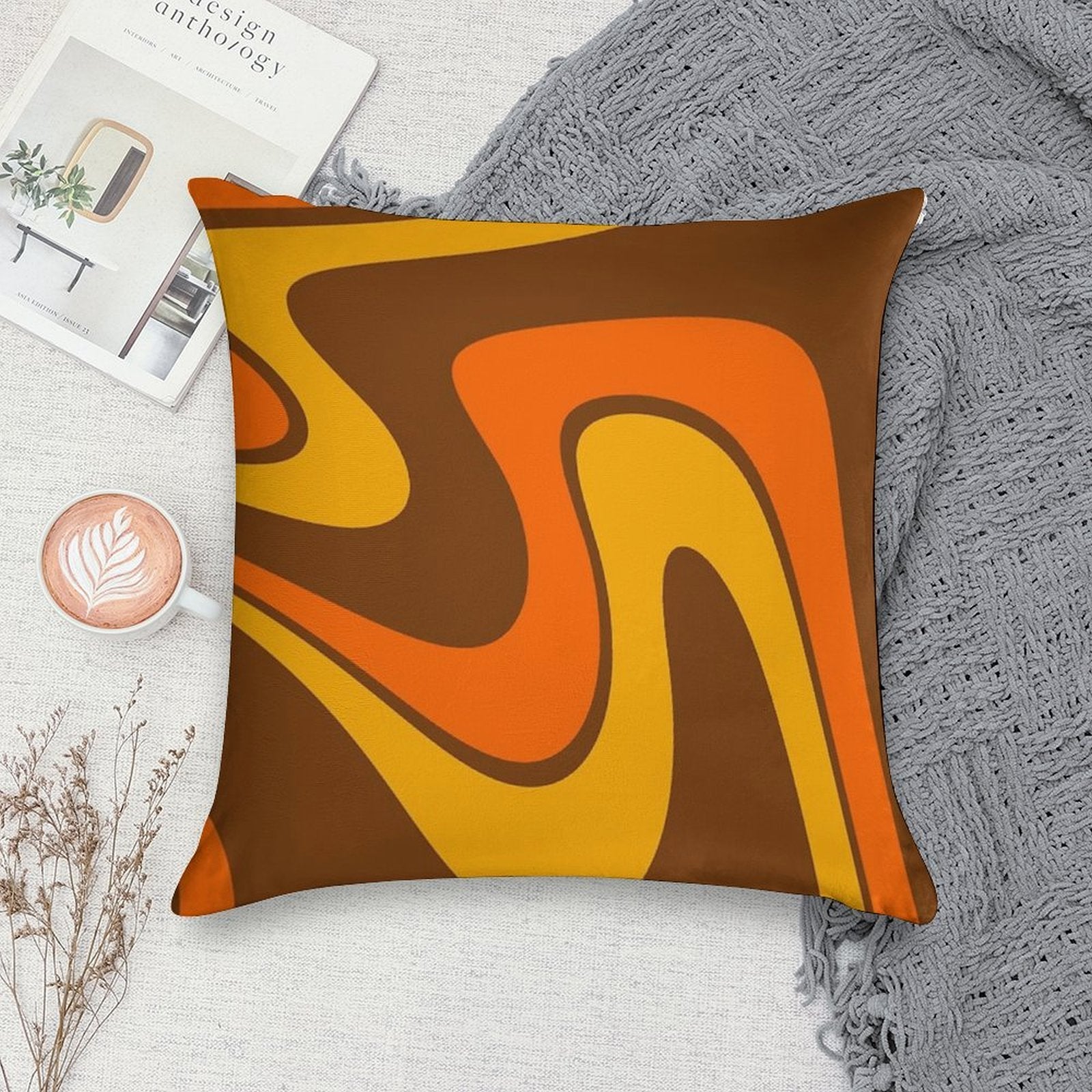 70s Retro Vintage Style Design Orange Yellow And Brown Soft Decorative Cover Throw Pillow